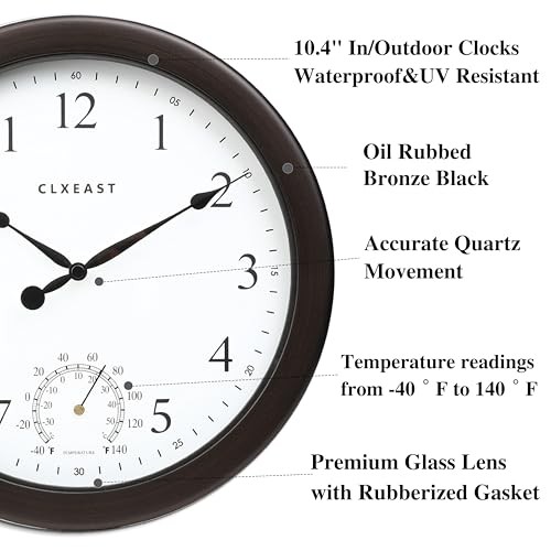 Indoor Outdoor Clocks Waterproof,Outdoor 10.4 Inch Oil Rubbed Bronze Black