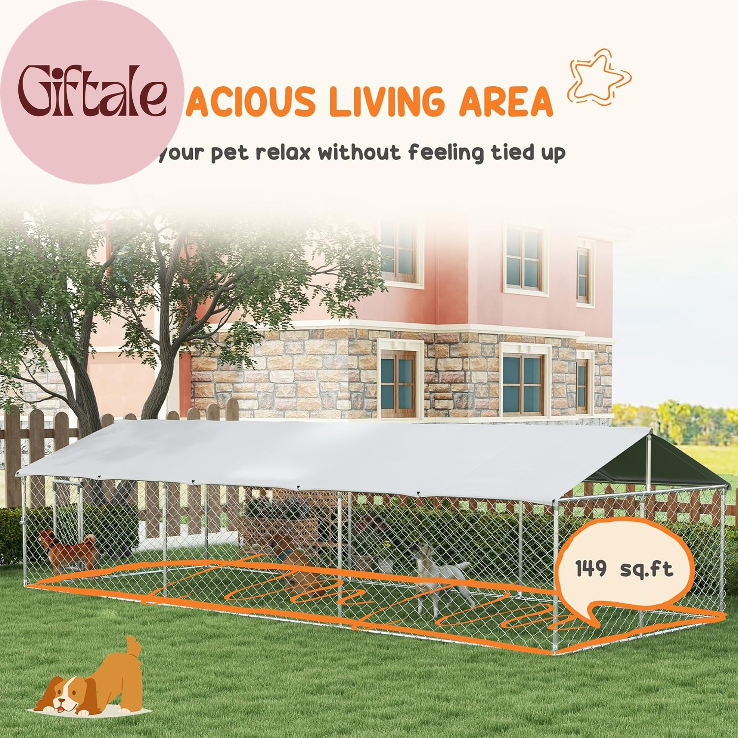 Outdoor Dog Kennel, Heavy Duty Dog Run Outdoor Fence with Waterproof Cover, Galv