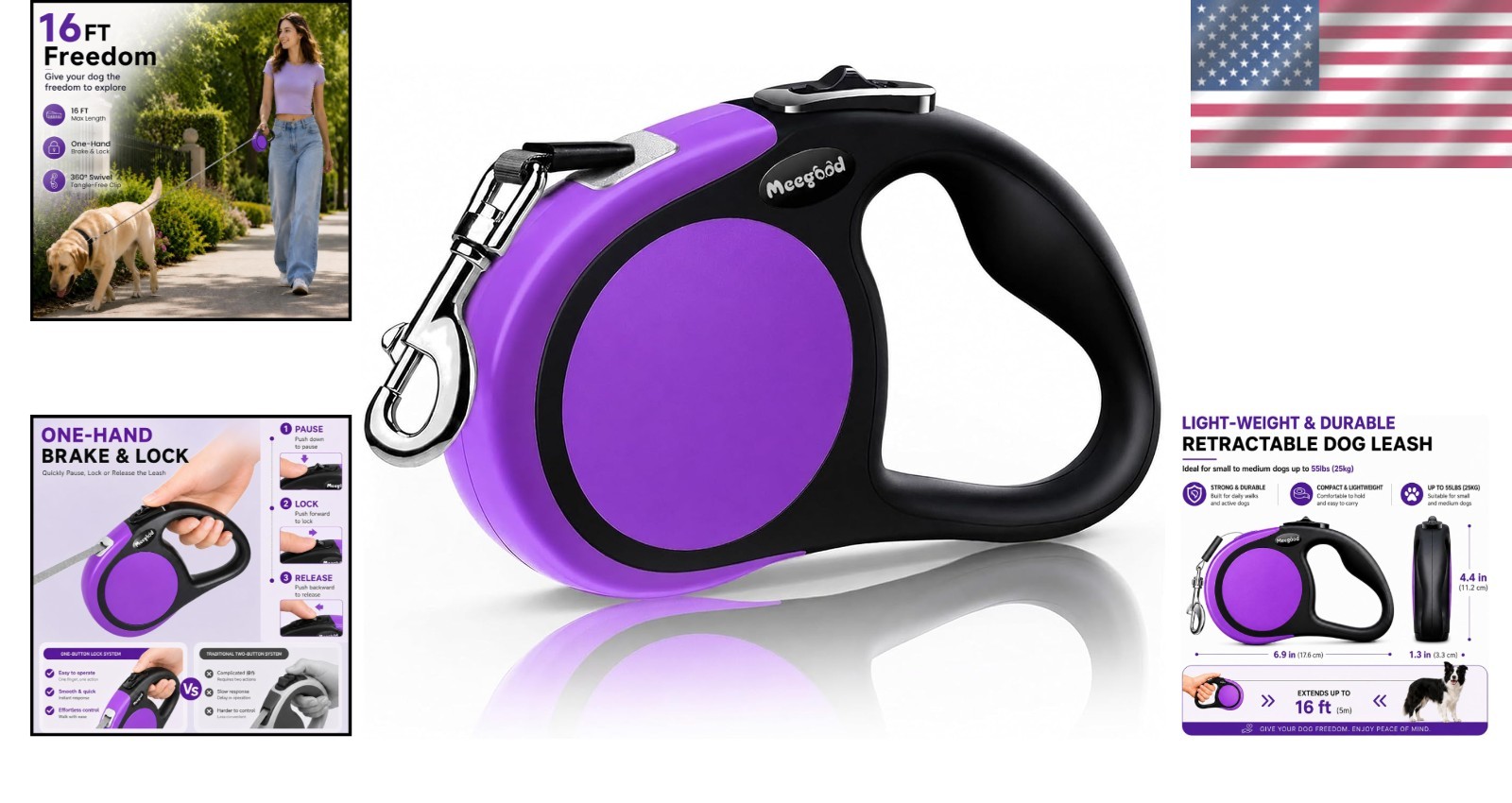 Durable Purple Retractable Dog Leash – 16ft for Small to Large Dogs, 45 lbs Max