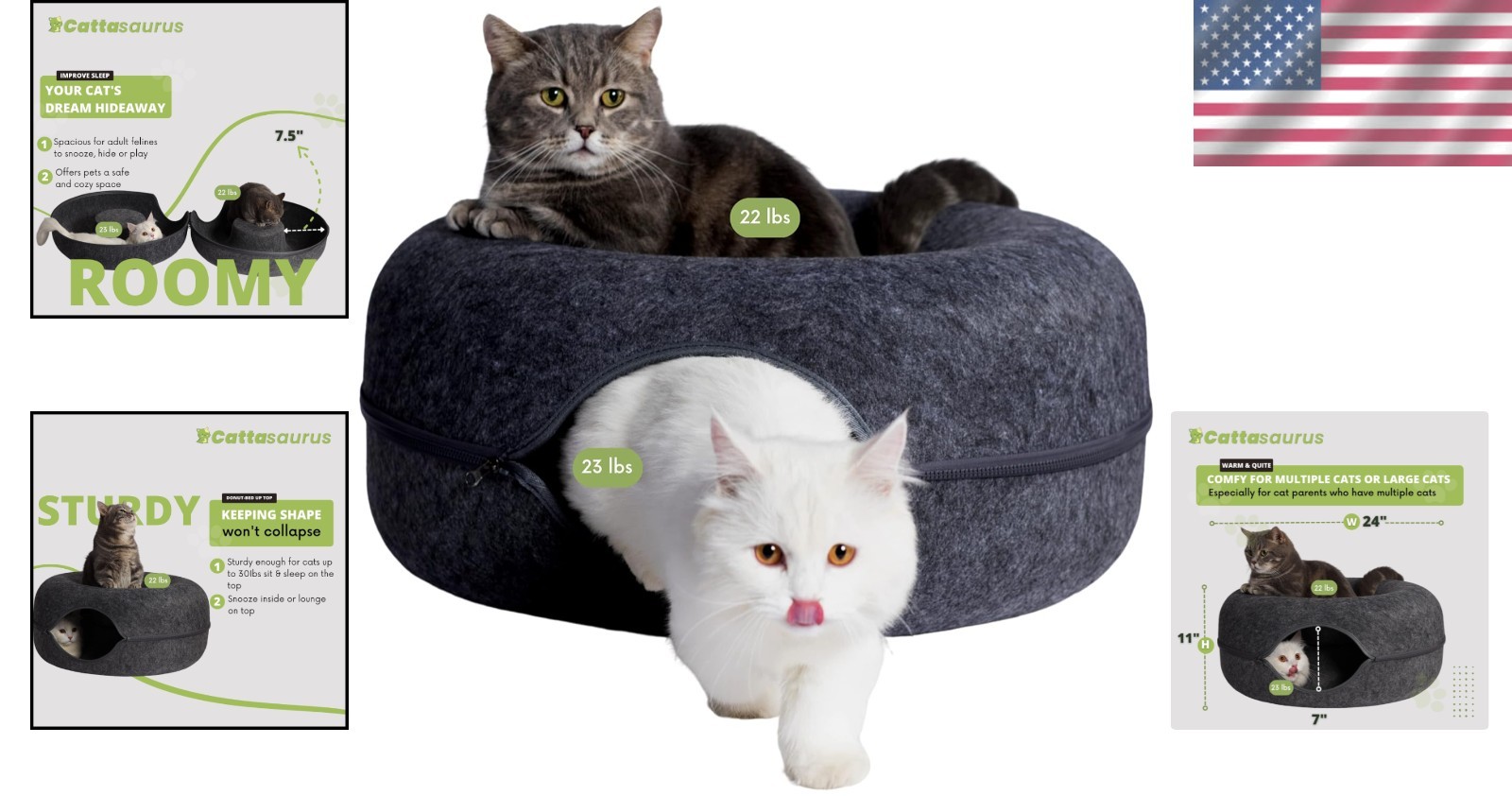 Peekaboo Cat Cave for Large Cats & Dogs 30-45 Lbs – Washable Felt Tunnel Bed