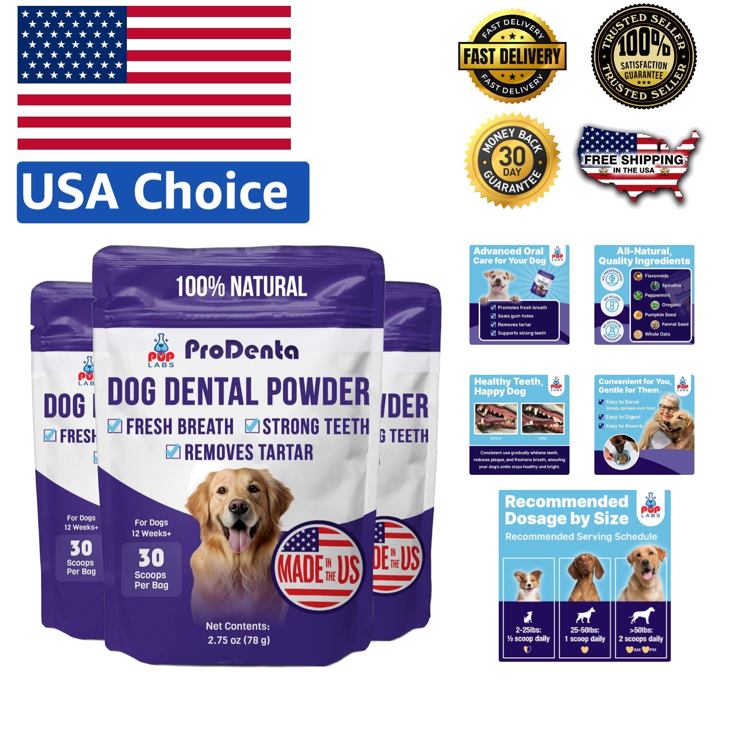 ProDenta Natural Dog Oral Care – Tartar & Plaque Control Powder, 90 Scoops