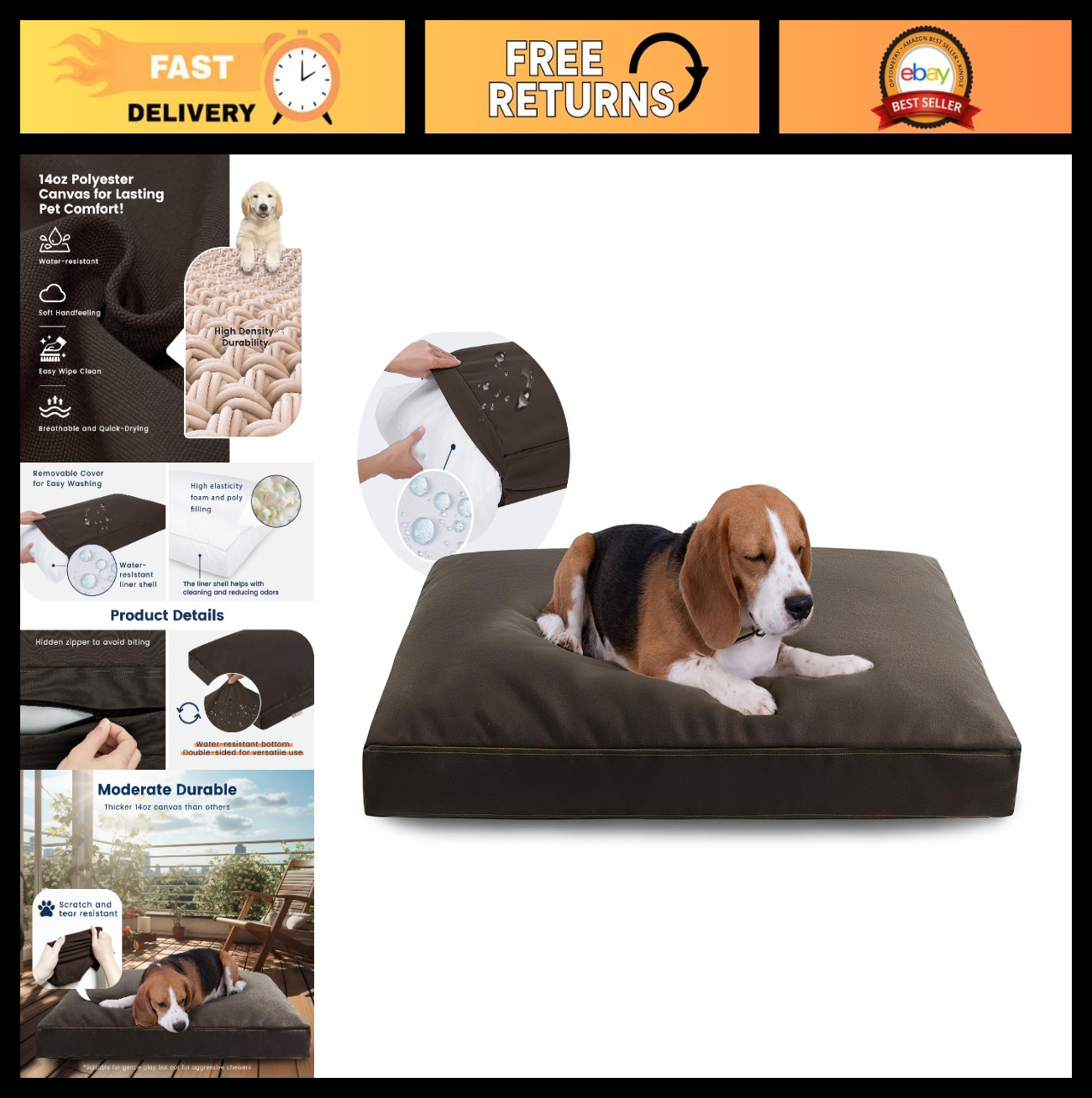Durable Waterproof Canvas Dog Bed for Medium Large Pets, 35×25″, Removable Cover