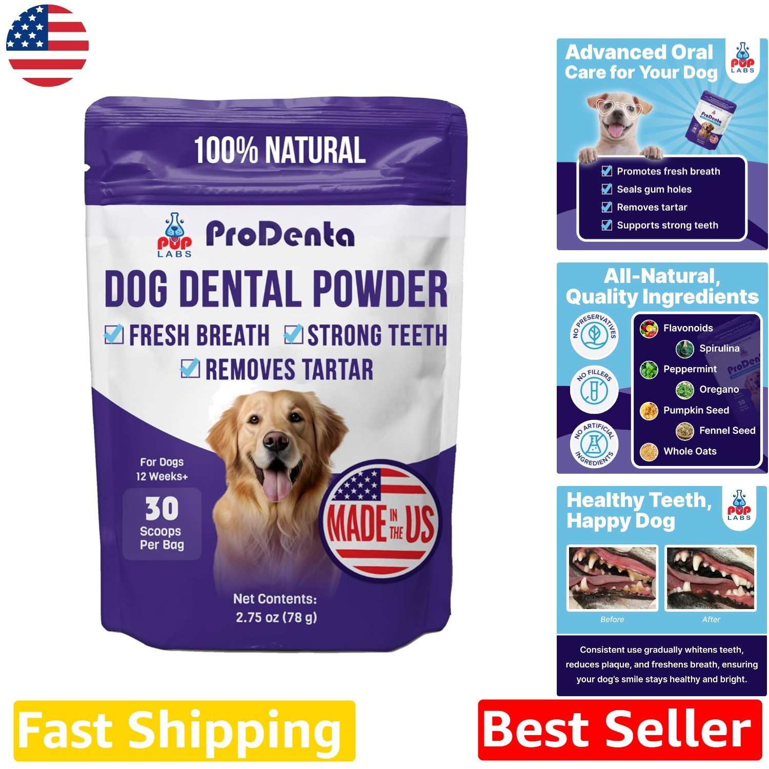 All-Natural Dog Dental Powder: Peppermint Flavor, Tartar Removal, Healthy Gums
