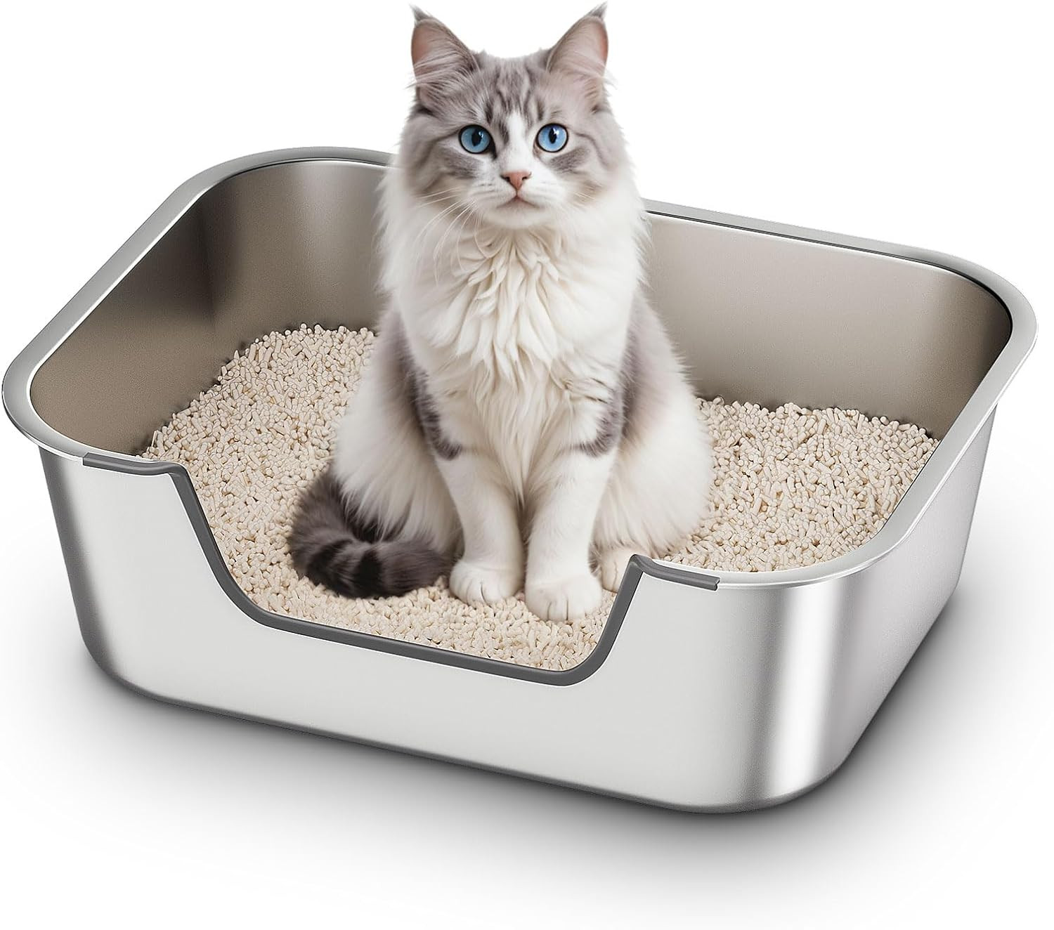 Stainless Steel Cat Litter Box with Low Entry, Metal Kitty Litter Box for Senior