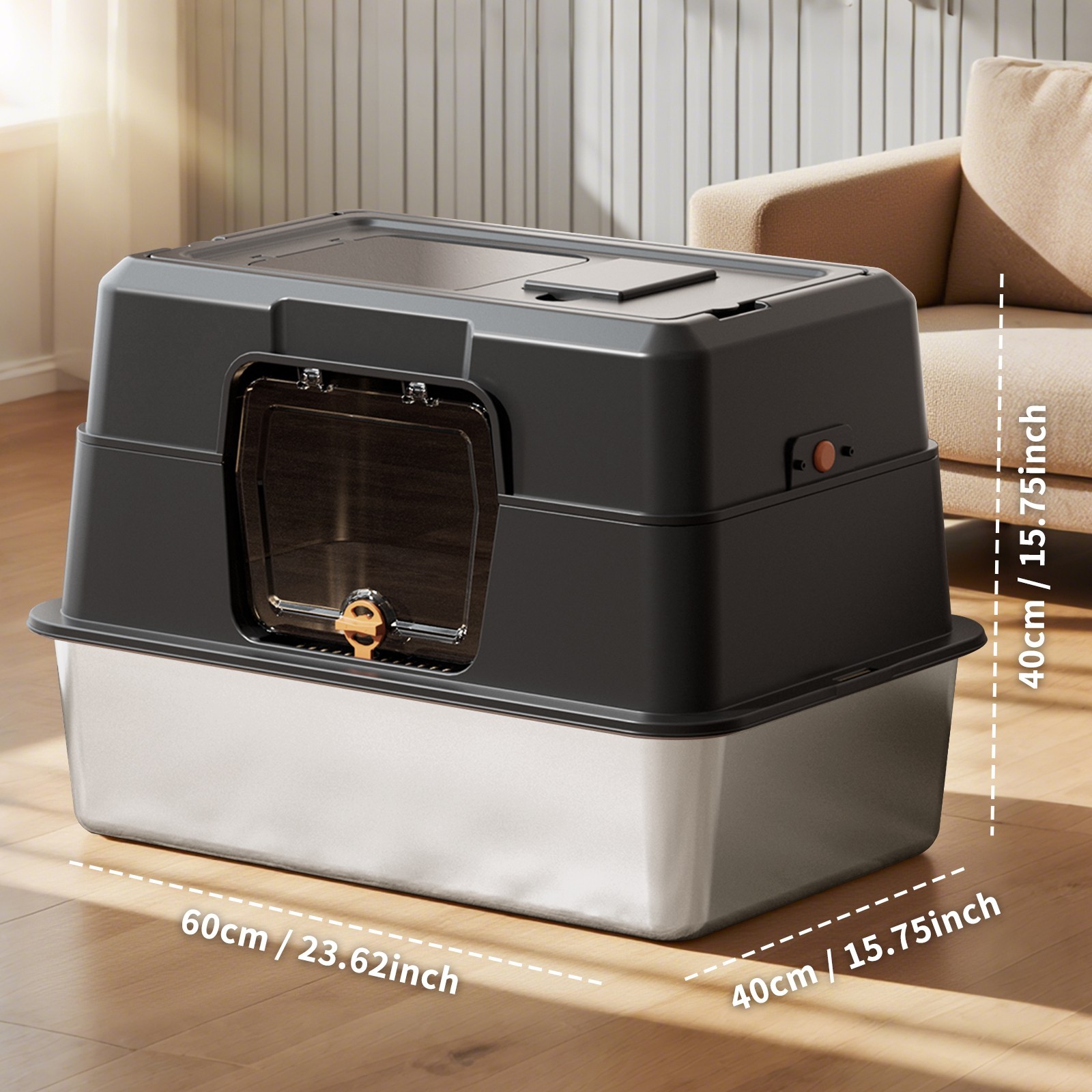 XL Stainless Steel Cat Litter Box Enclosed Covered High Sided Anti Leak Odor