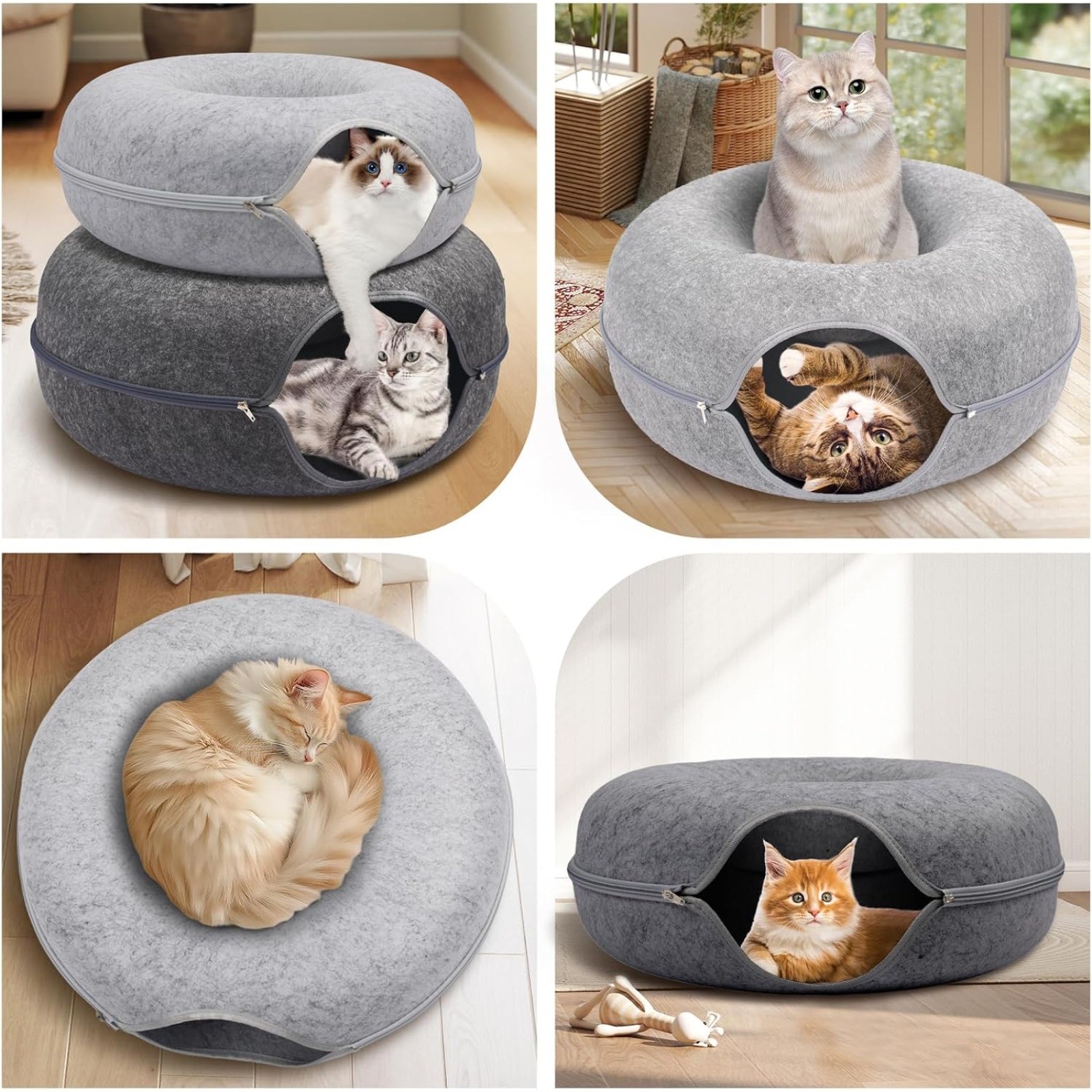 Cat Cave EXTRA LARGE Tunnel Bed Indoor Cats Donut Interactive Nest House Gray