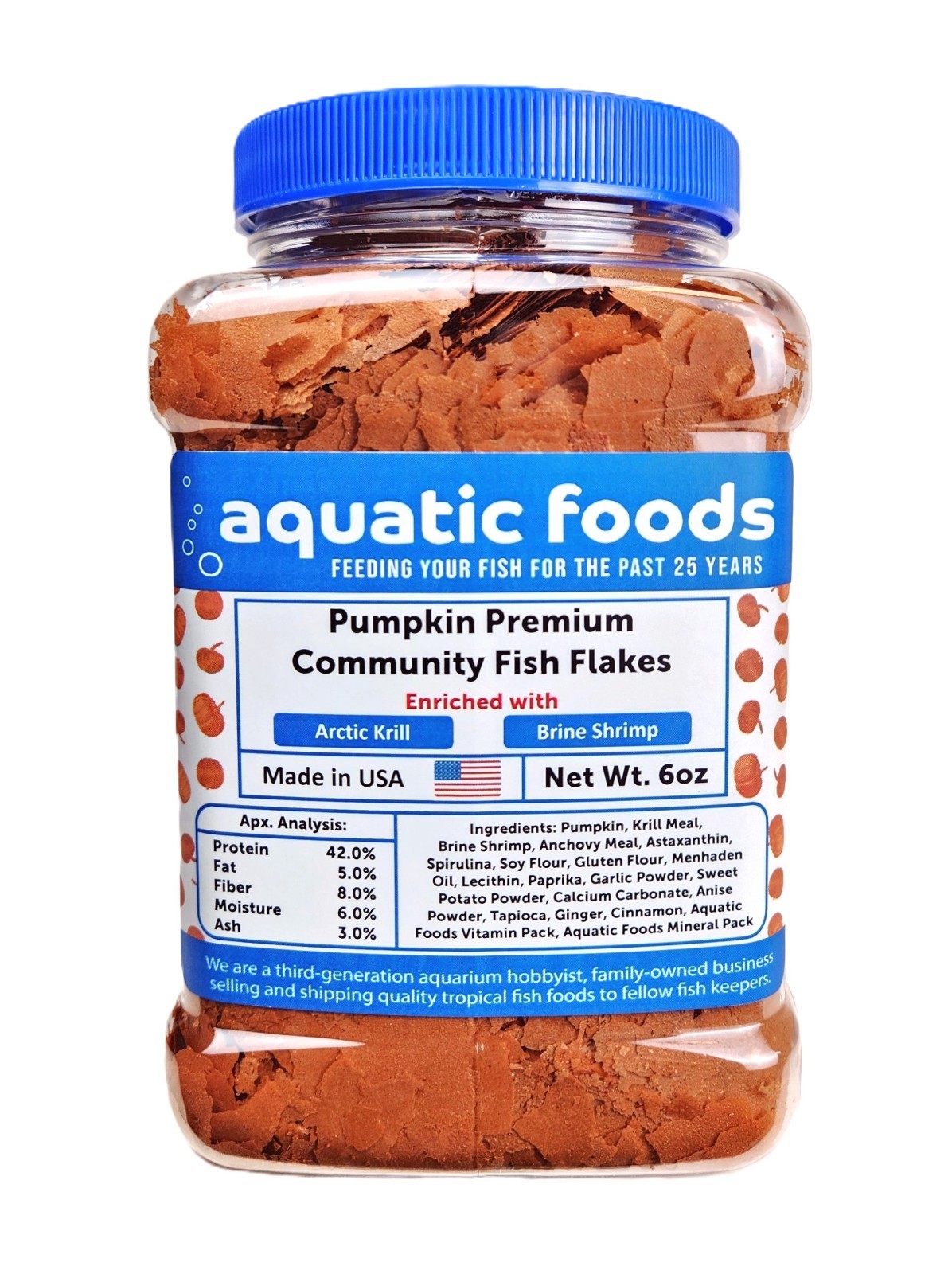 Pumpkin, Krill & Brine Shrimp Color Enhancing Premium Community Fish Flakes. Jar