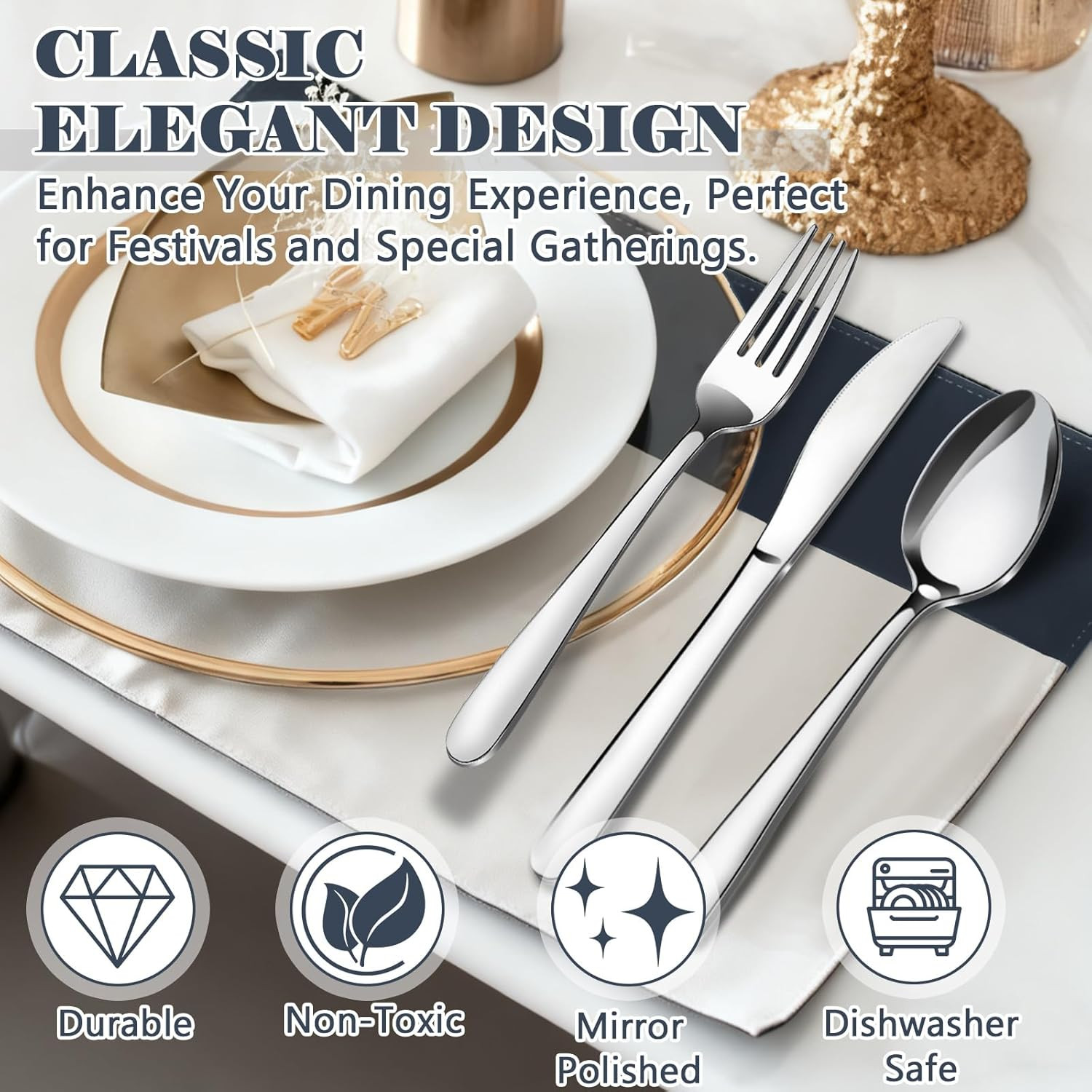 49 PCS Silverware Set – Stainless Steel Silverware Set with Organizer for 8, Fla