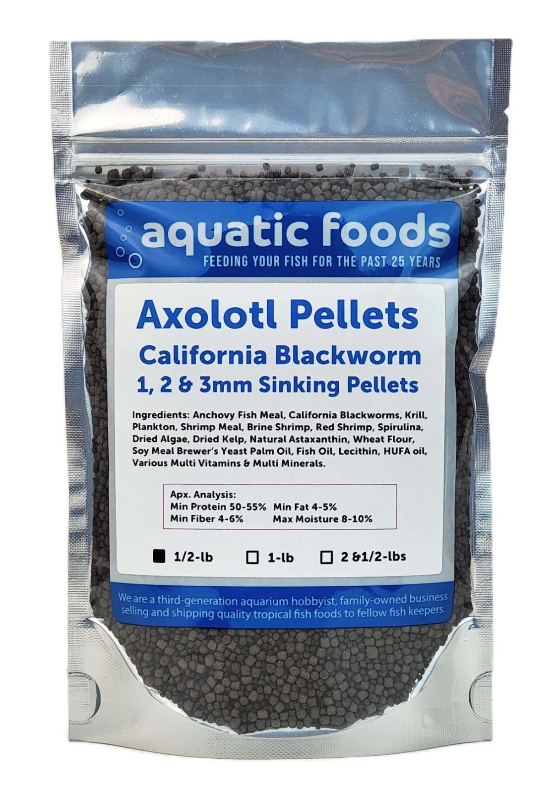 Axolotl Blackworm Pellets, California Blackworm 1, 2 & 3mm Sinking Pellet Mix