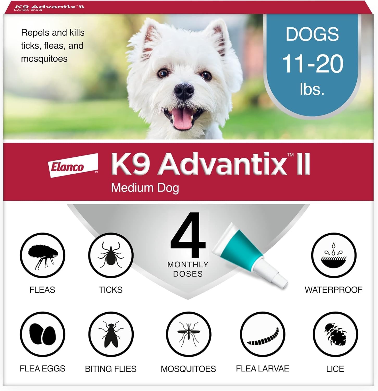 K9 Advantix II Medium Dog Kills and Repels Fleas, Ticks and Mosquitoes – 4-Pack