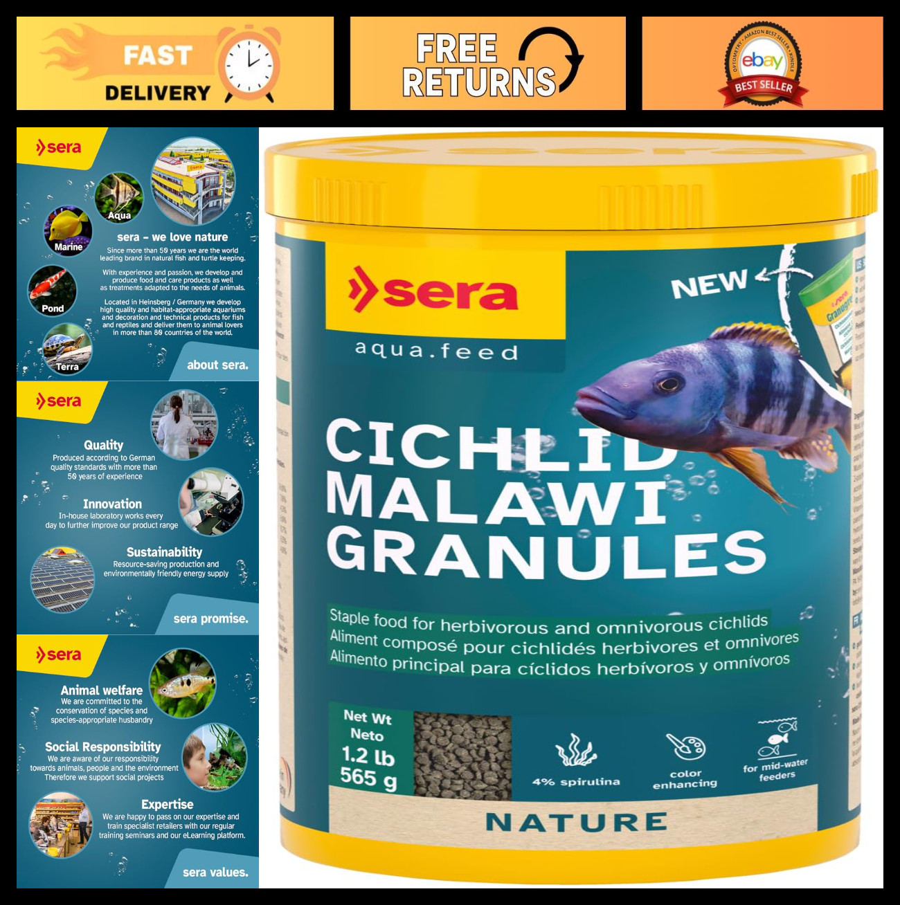 Cichlid Fish Food Granules 1,000ml | Spirulina Sinking Granules for Cichlids | H