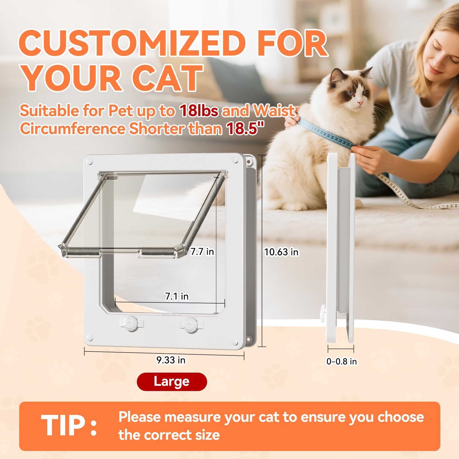 Thin Cat Door with 4 Way Lock Interior Pet Door for Cats Up to 18 LBS