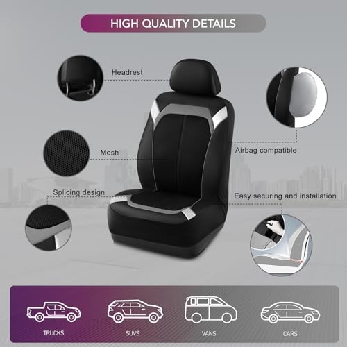 Car Seat Cover – Silver & Gray Leather with Breathable Mesh Front Gray Front