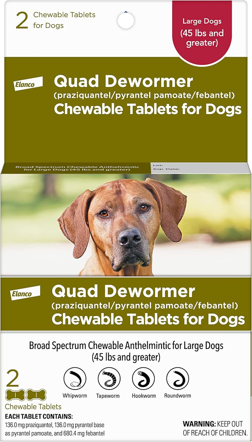 Chewable Quad Dewormer for Large Dogs, 45 Lbs and Over, 2 Chewable Tablets