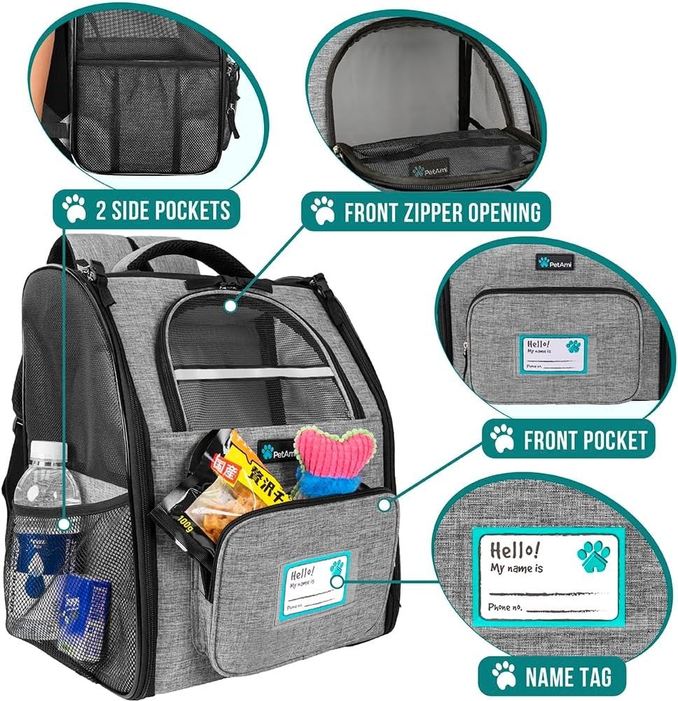 Pet Backpack Carrier Airline Approved for Dogs Cats up to 18lbs Gray