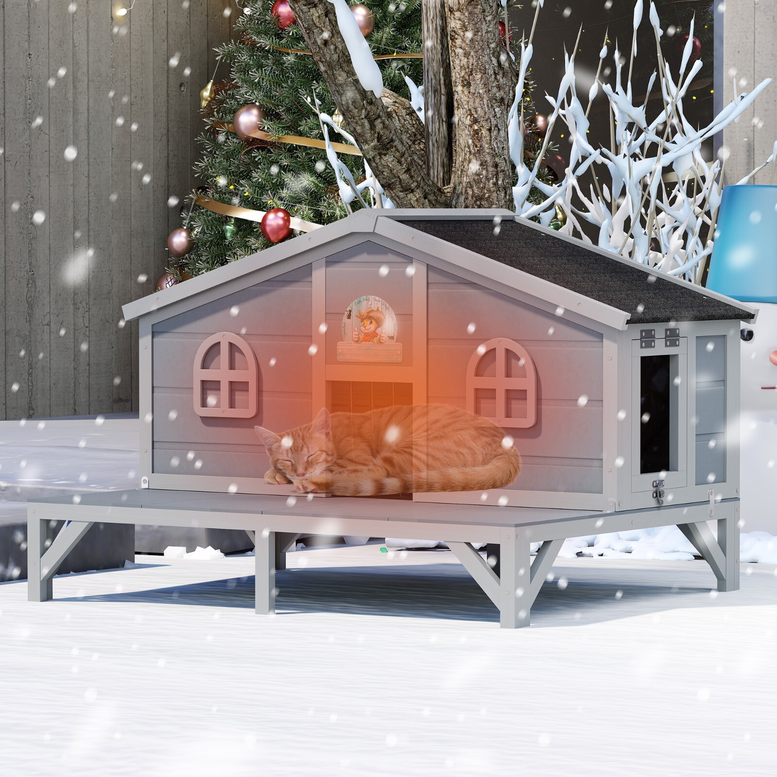 COZIWOW Insulated Wooden Cat House Large Balcony Waterproof Roof Cat Enclosure