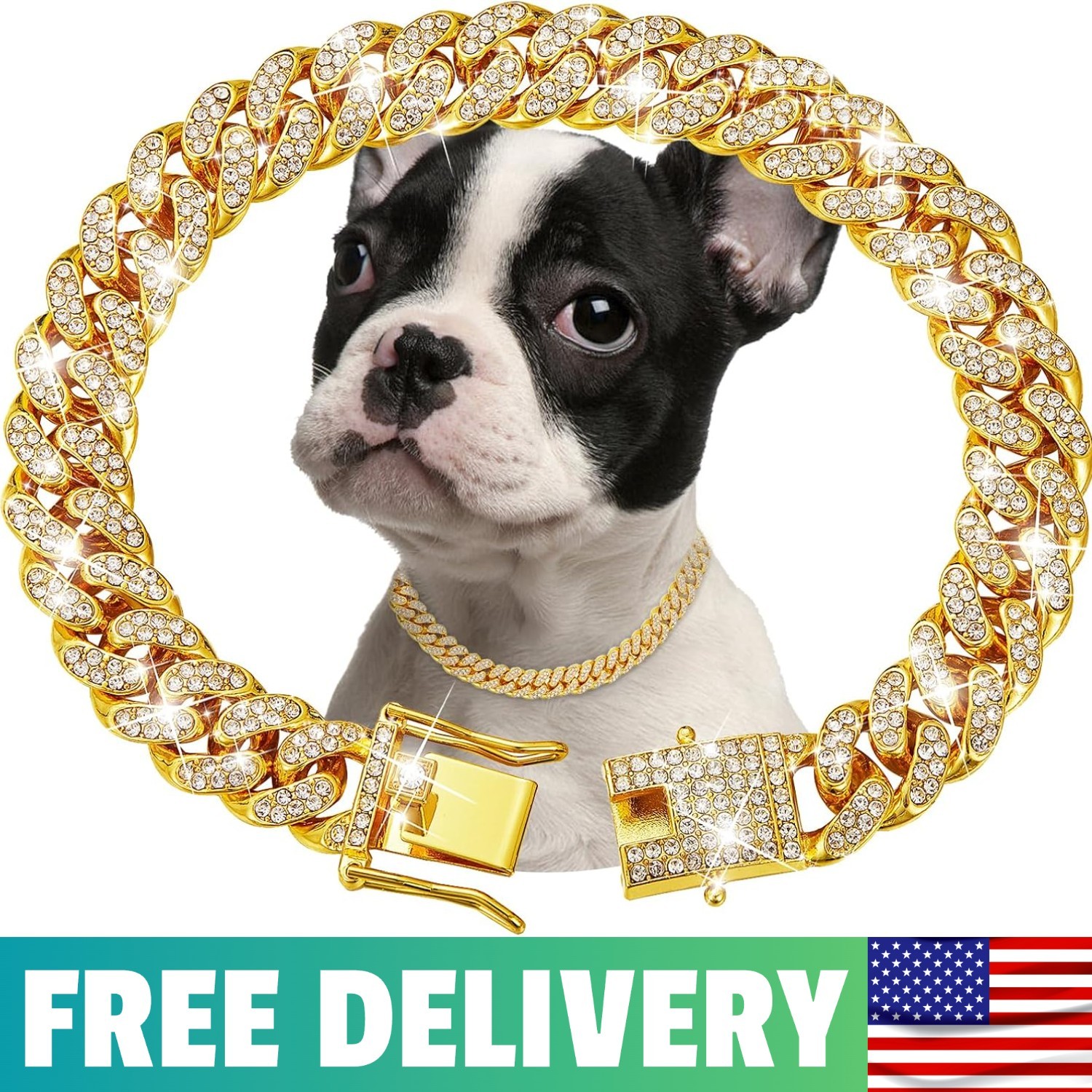 Gold Dog Chain Collar Diamond Cuban Link Dog Collar 13mm Wide Dog Necklace Metal