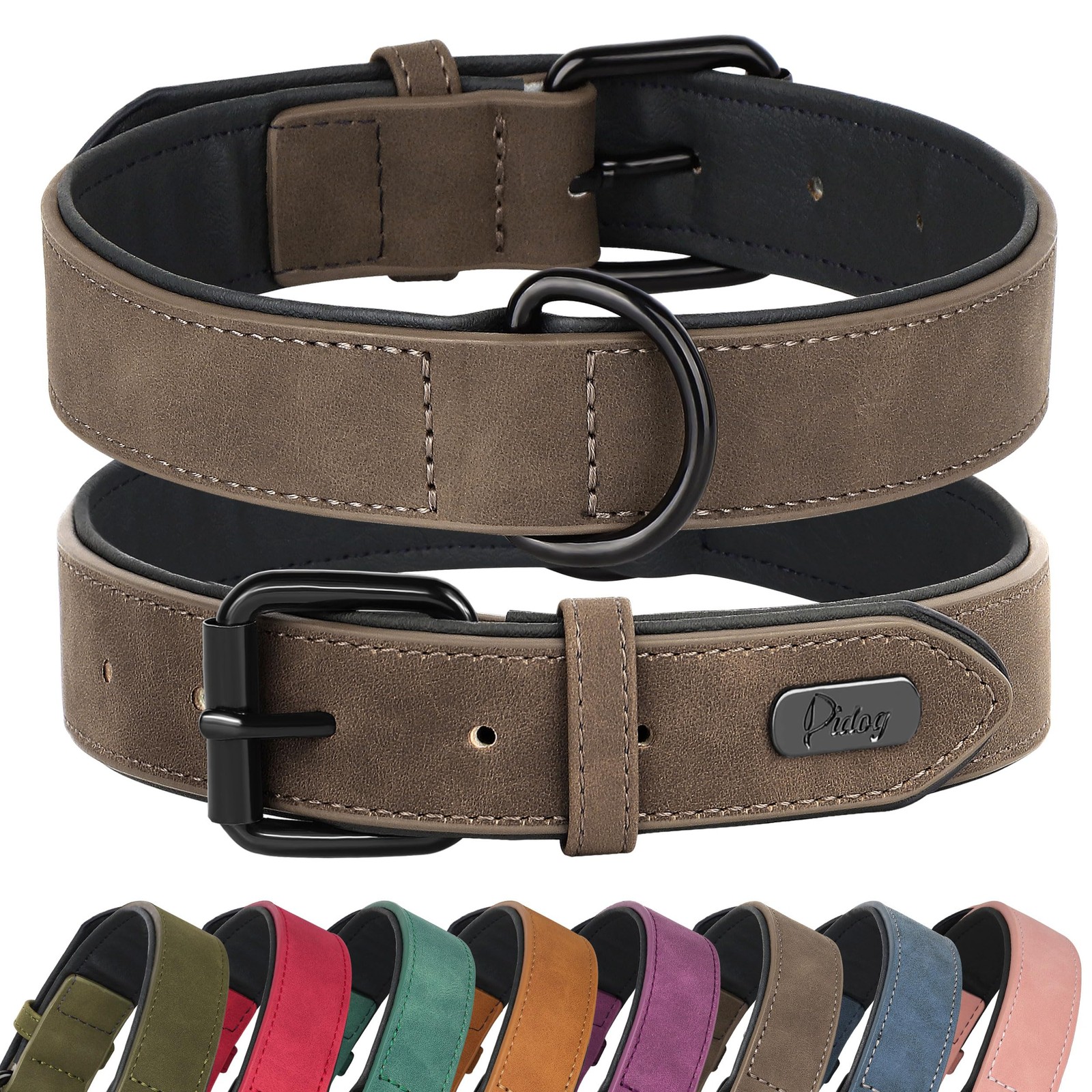 Soft Padded PU Leather Large Dog Collar Breathable Adjustable Walk Brown XL