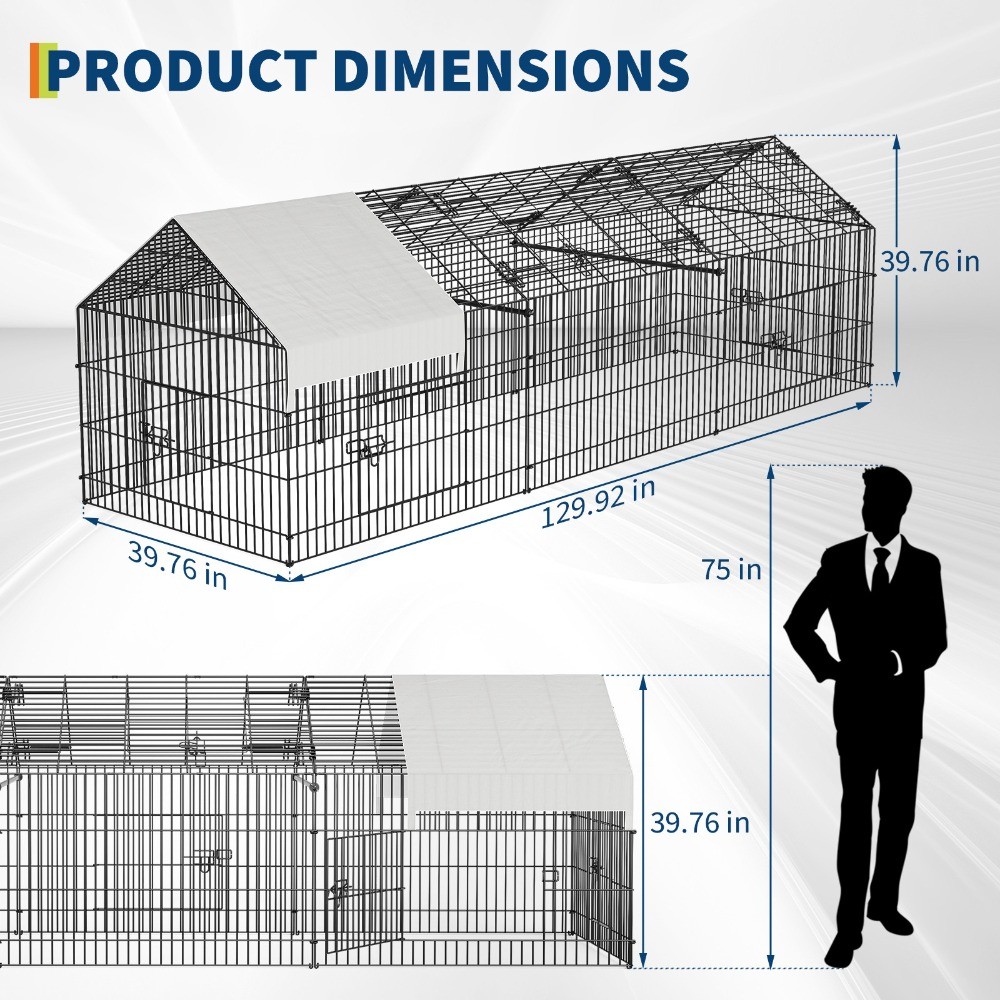 130″*40″Metal Chicken Coop Chicken Run Backyard Hen House Poultry Habitat Cage