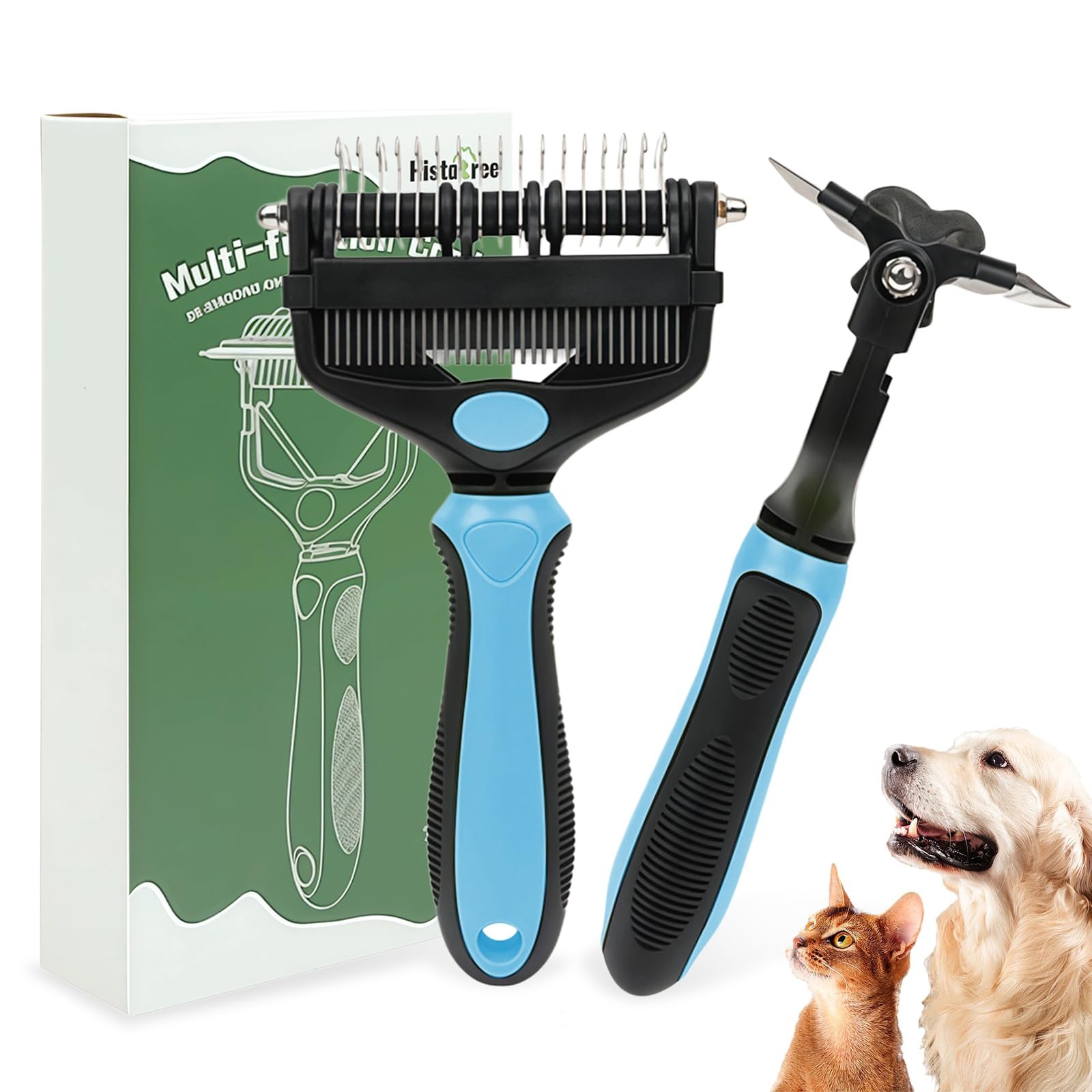 Blue 3-in-1 Pet Undercoat Rake Double-Sided Fine&Wide Tooth Dematting Comb De…