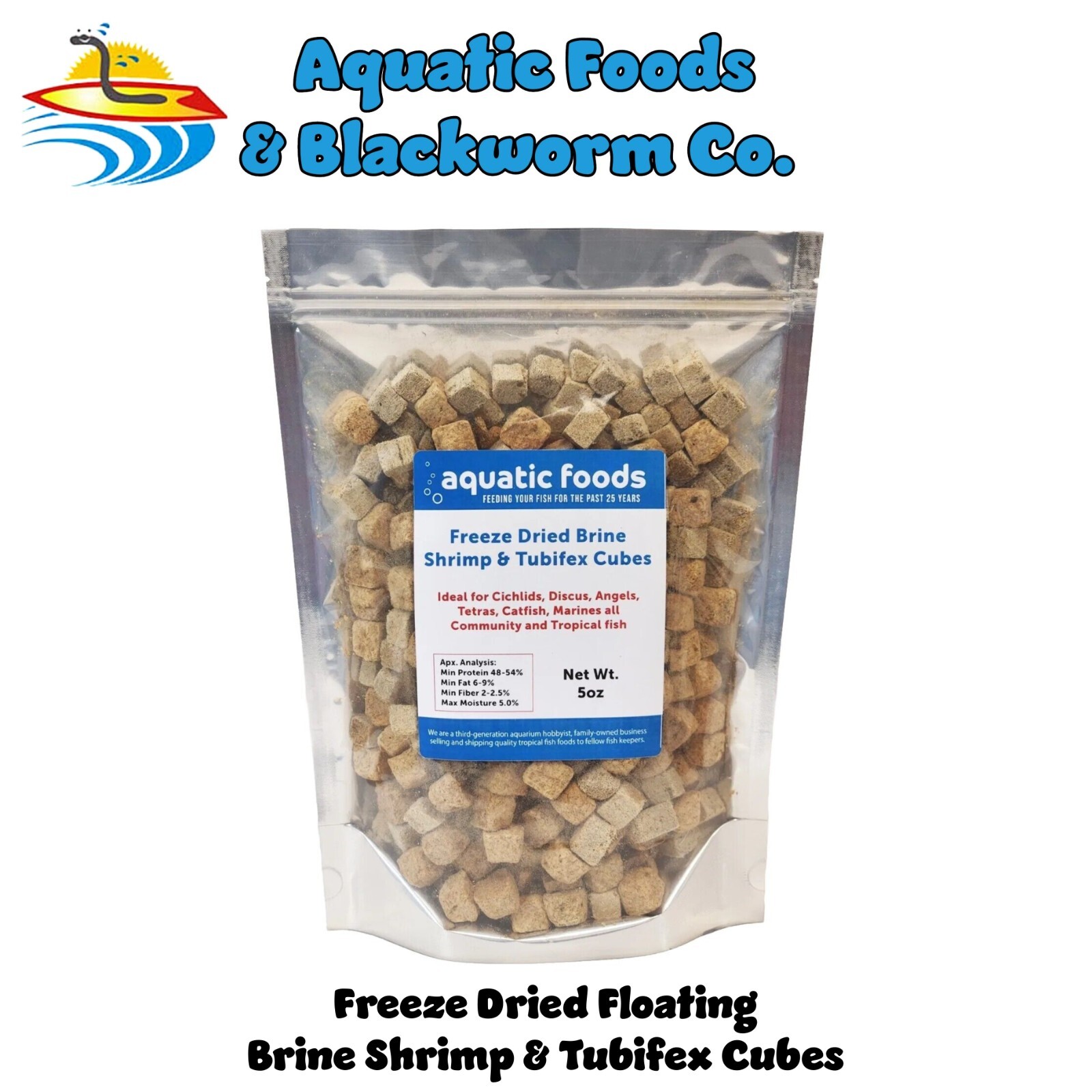 Freeze Dried Brine Shrimp and Tubifex Cubes for all Tropical Fish, 5oz Bag