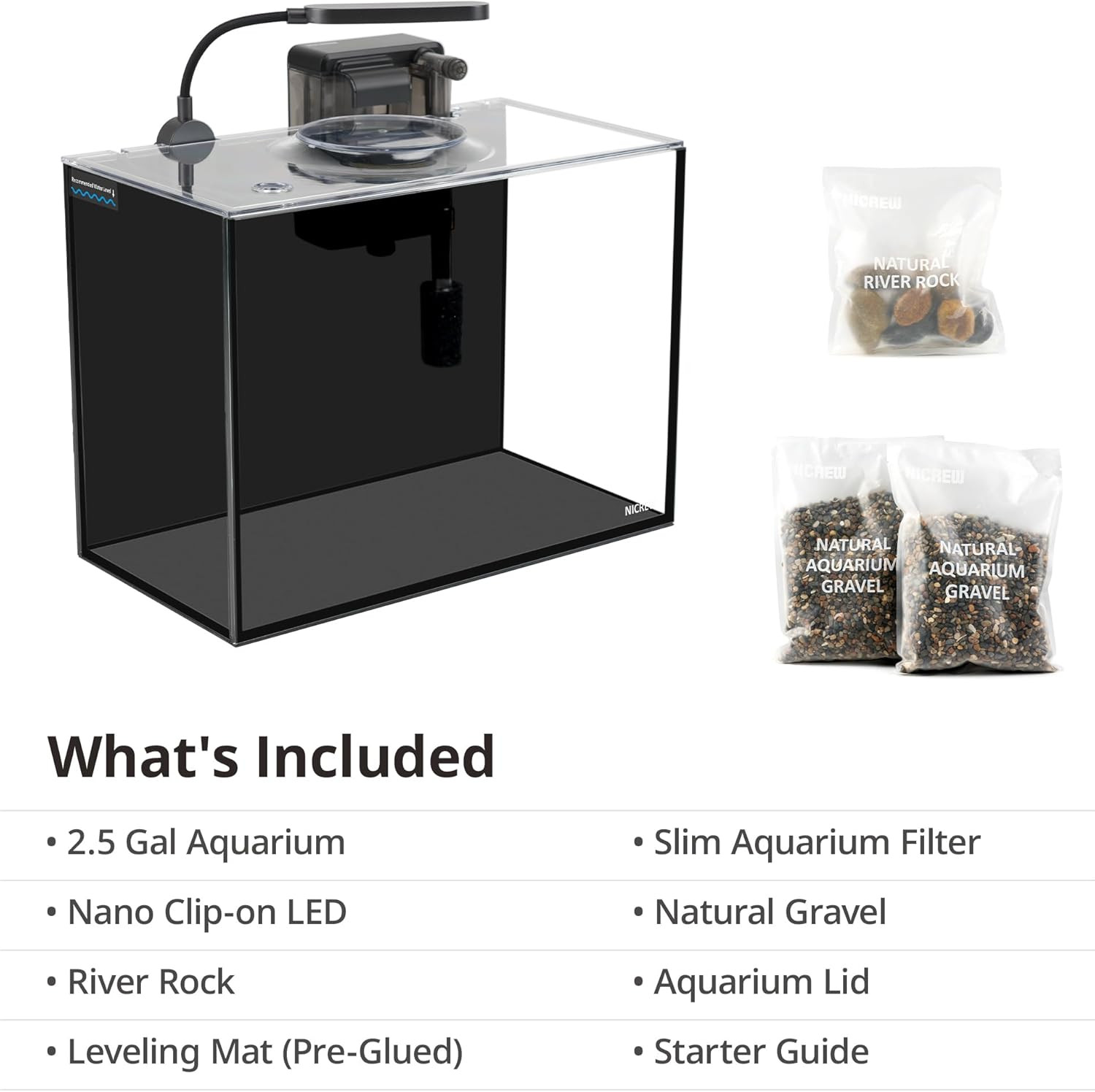 2.5 Gallon Nano Aquarium Kit with Light, Filter, Gravel & Rock – Black