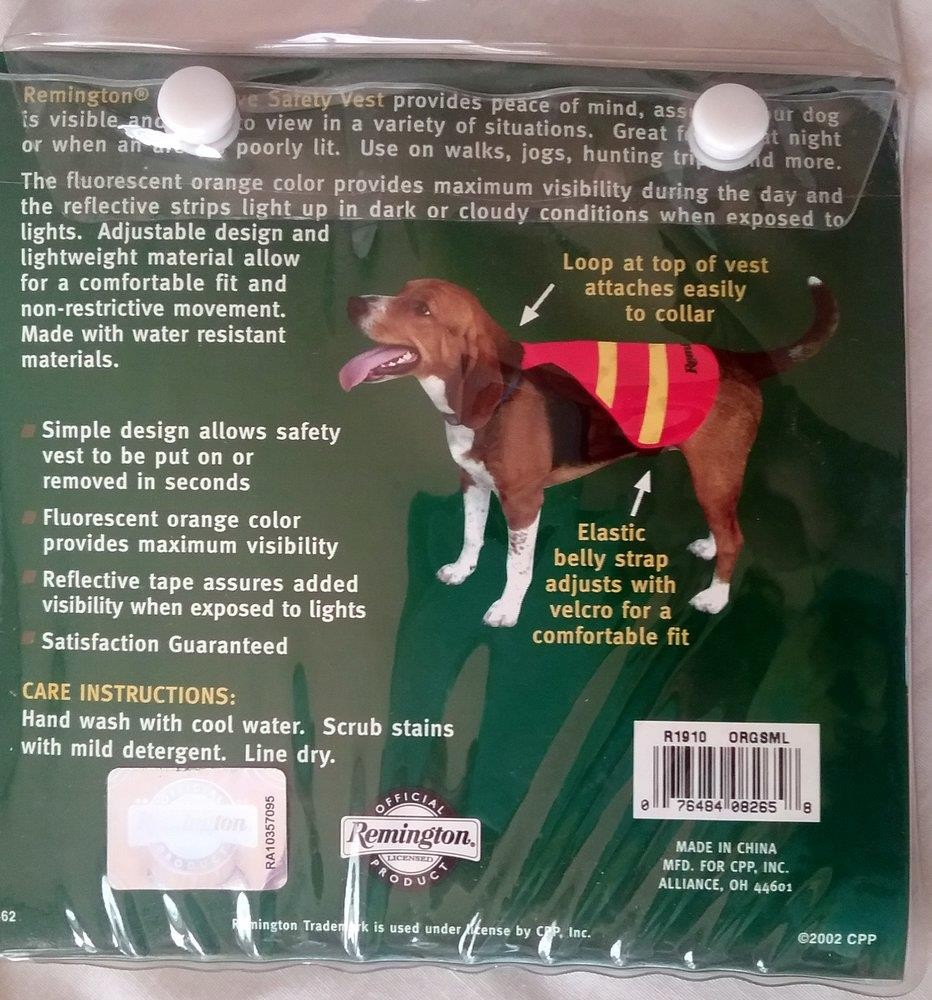 Remington Reflective Hunting Safety Vest Small For Dogs Up To 18 Lbs Orange