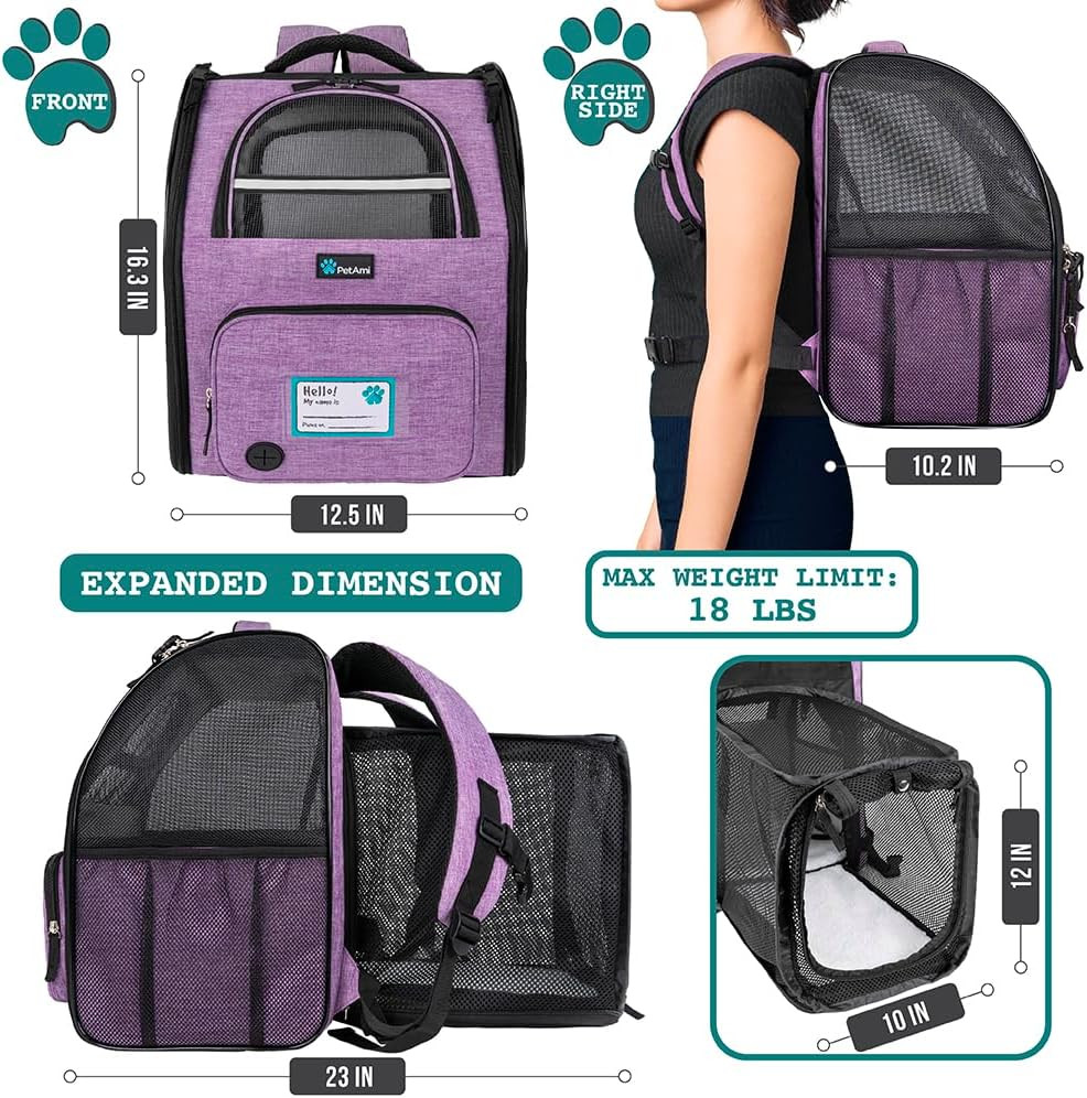 Breathable Expandable Dog & Cat Backpack Carrier for Pets up to 18 lbs, Purple