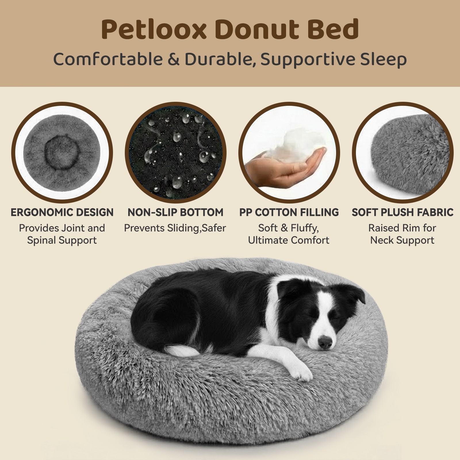 HOMAGICO Calming Removable Cover Bolster Dog & Cat Bed, Grey, Large