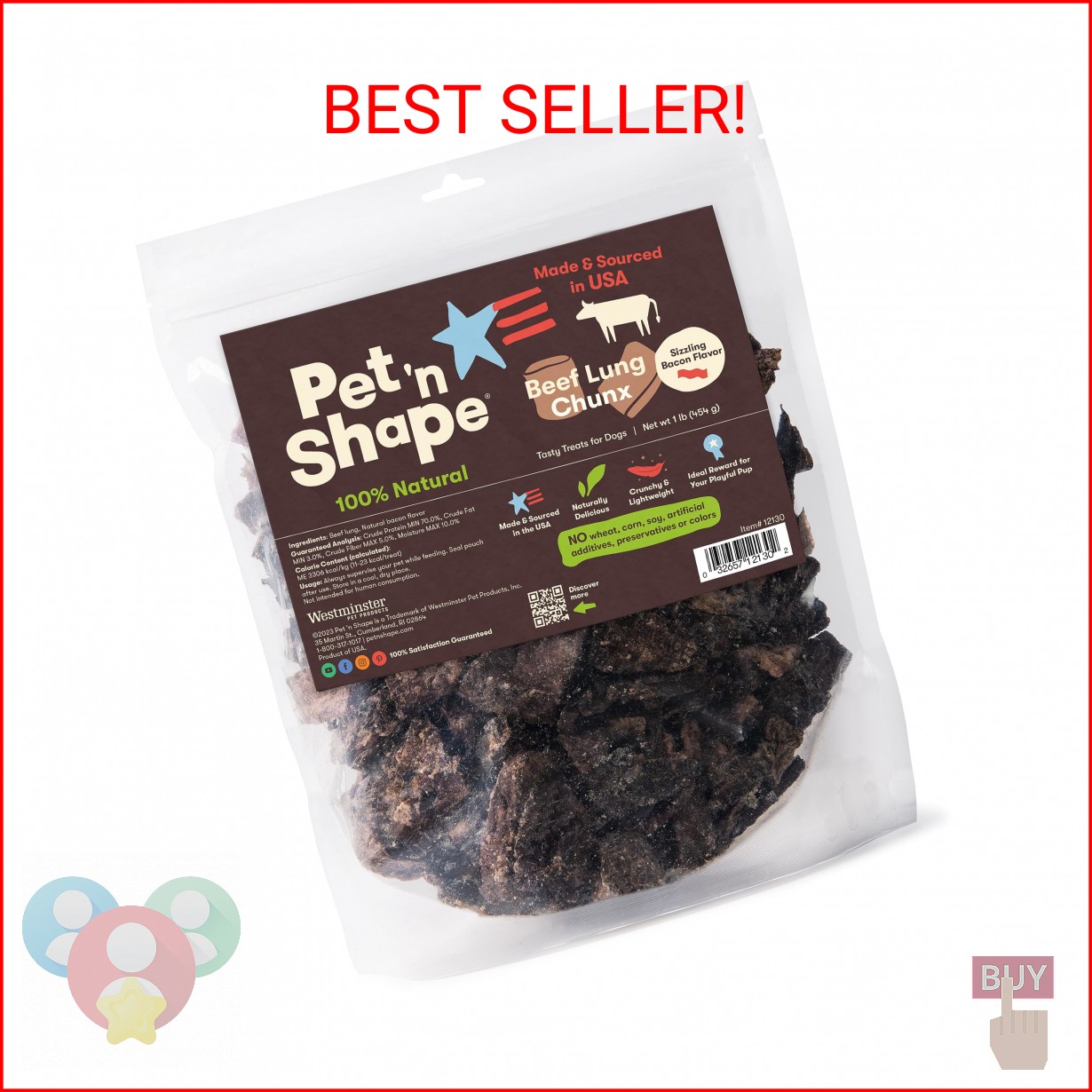Pet ’n Shape Beef Lung Chunx Dog Treats – Made and Sourced in the USA – 16 Ounce