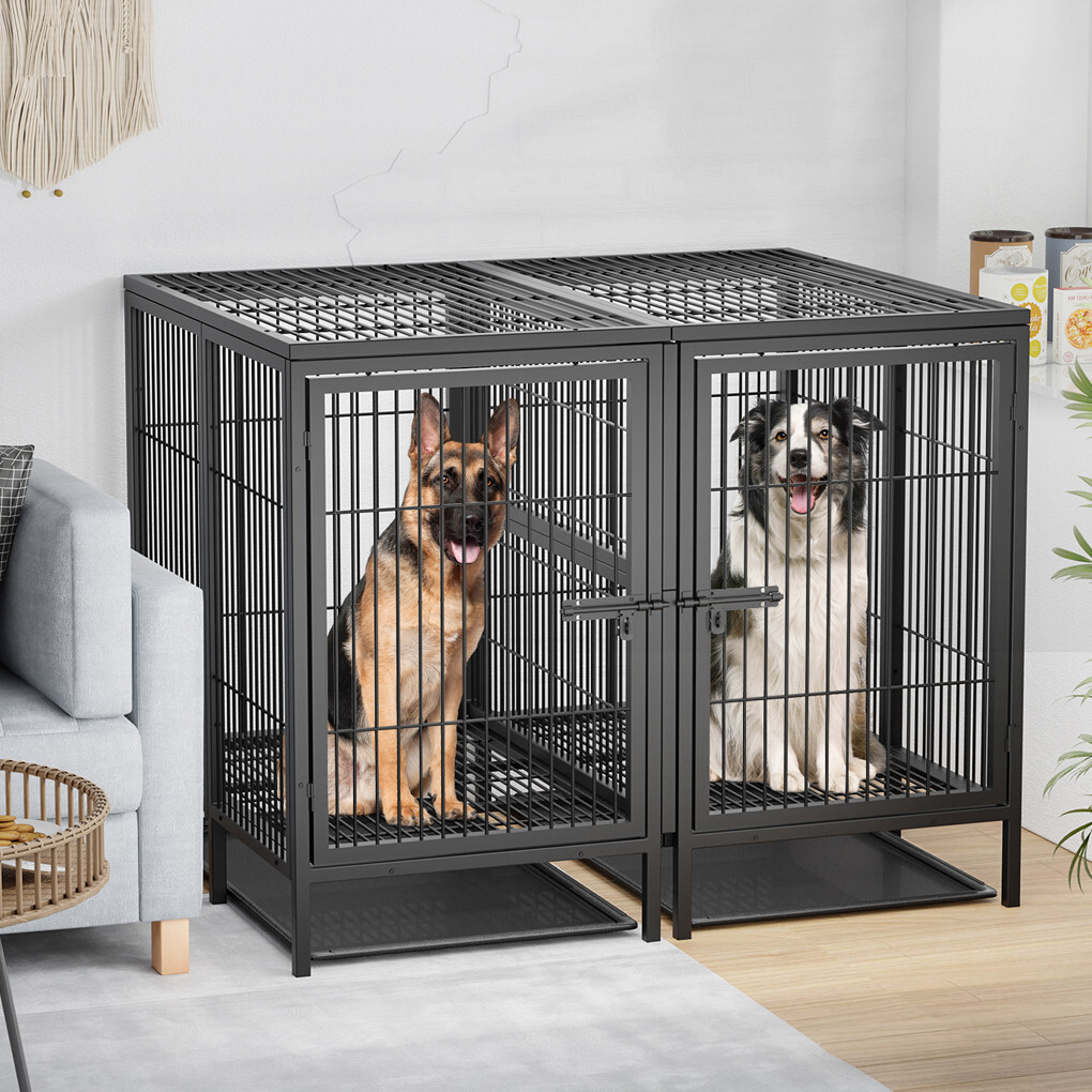 Jumbo Heavy Duty Metal Double Dog Cage Kennel Crate Playpen with Divider＆Tray