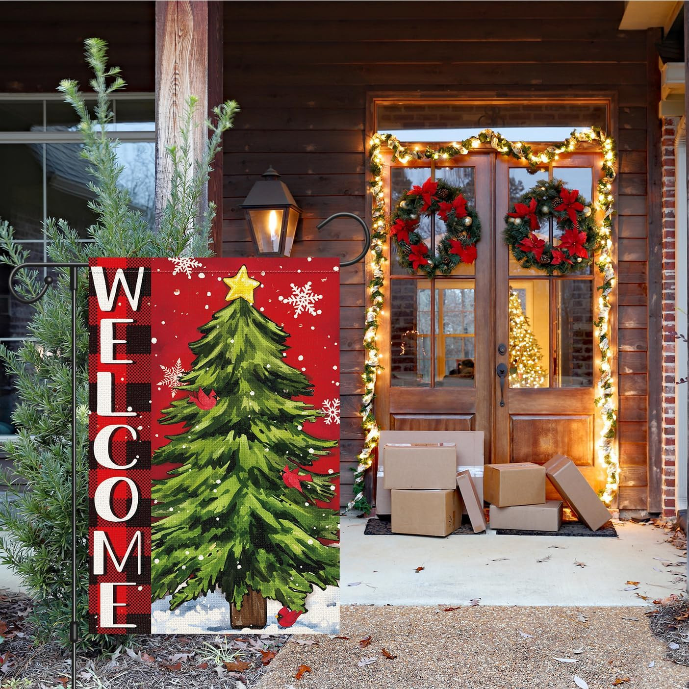 Christmas Wlcome Garden Flag Double Sided Xmas Tree 12X18 Inch Small Burlap Win