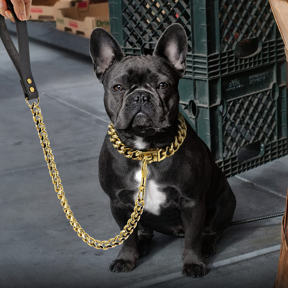 Dog Chain Collar & Leash Cuban Link Heavy Duty Stainless Steel Gold Silver 55cm