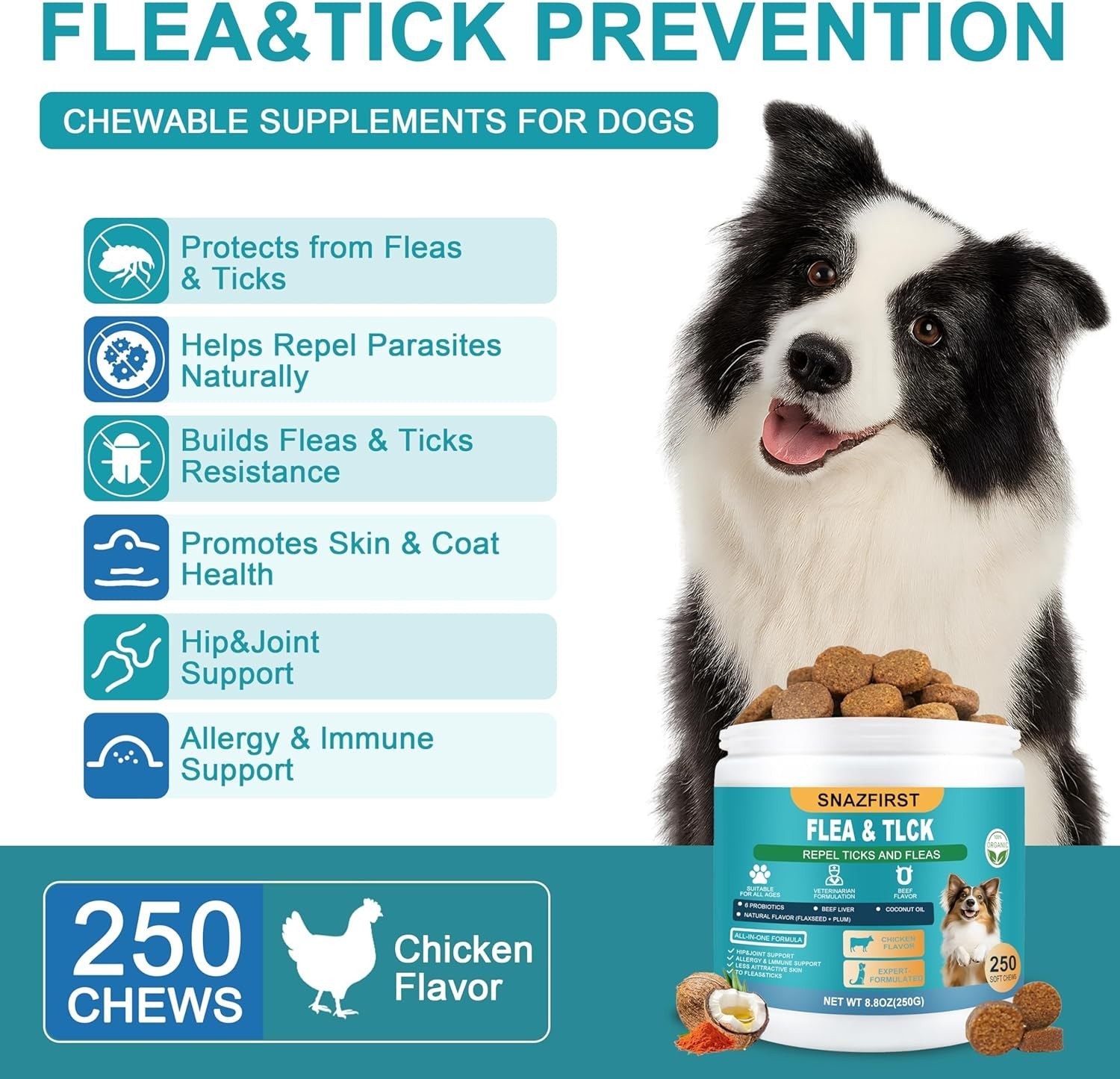 Flea and Tick Natural Prevention for Dogs Chewable, Flea & Tick 150 Chews Dog US