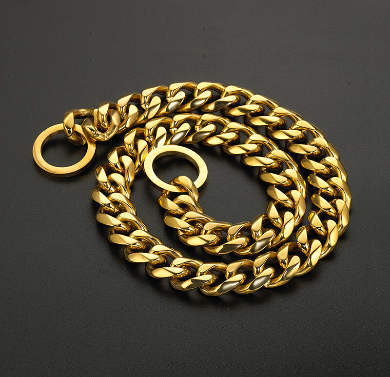 10/12/15/17/19mm Gold Curb Cuban Link Dog Chain Collar Stainless Steel 12″-32″