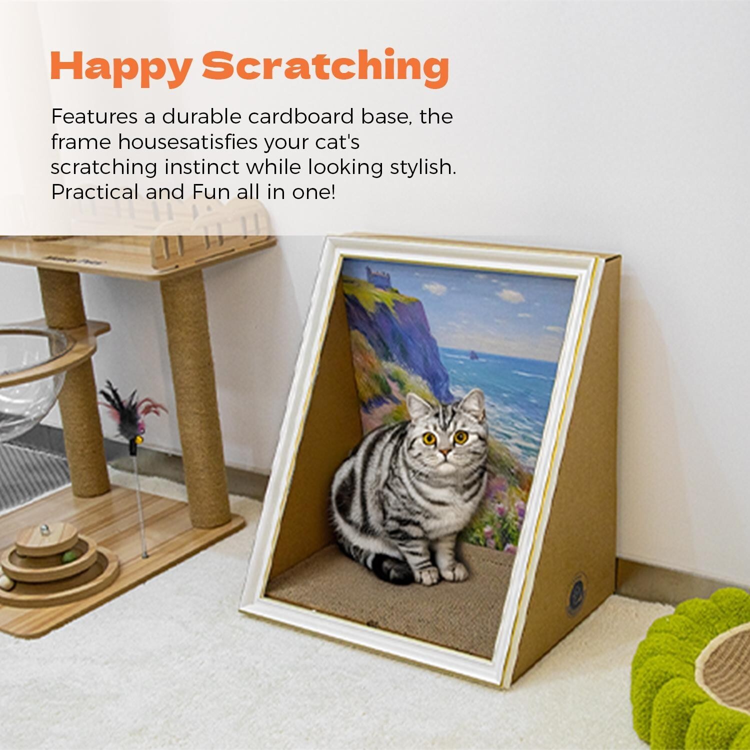 Frame Cat House with Scratching Board, Oil Painting Cat Scratcher Artwork Bed-US