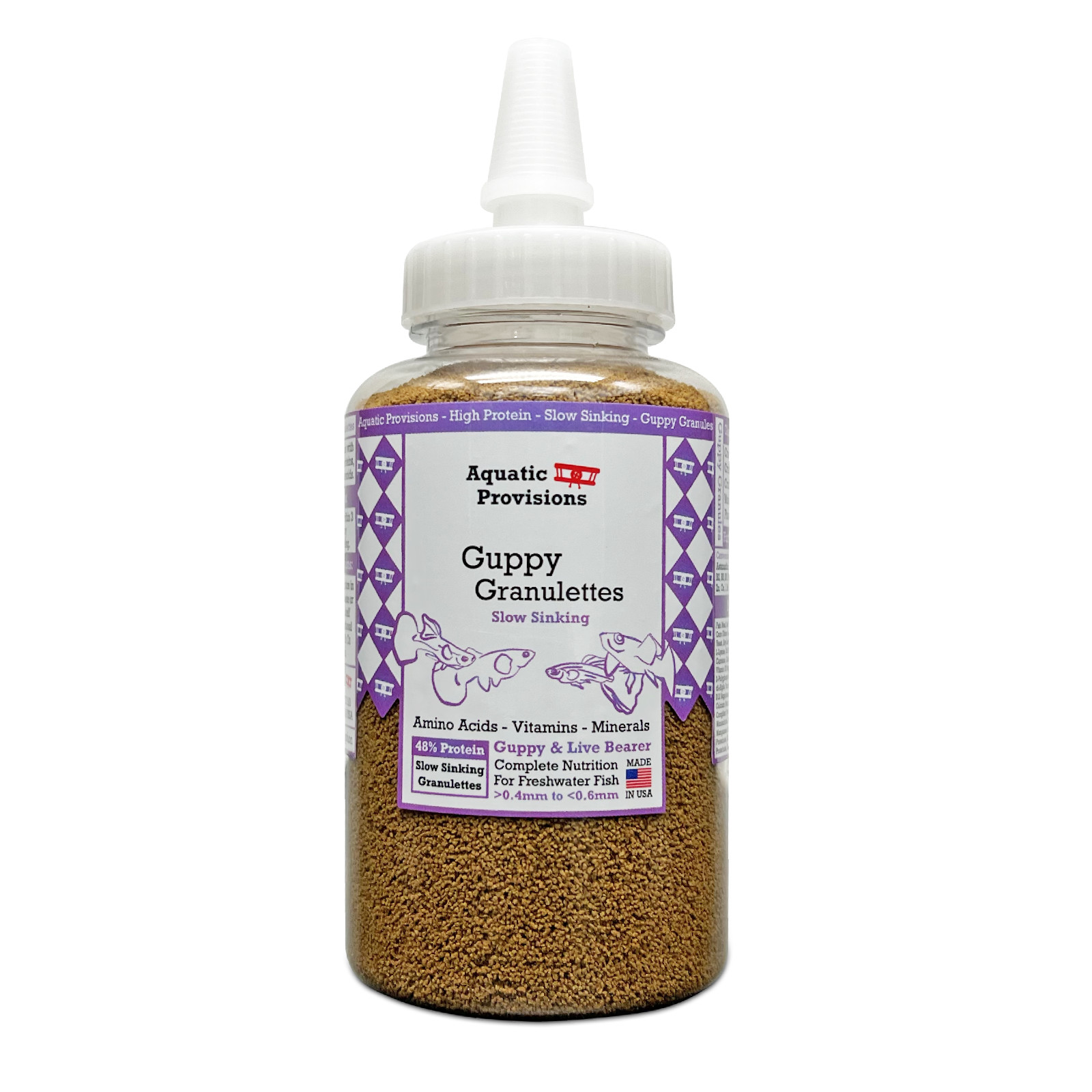 Guppy Granulettes, Slow Sinking 0.4mm-0.6mm Livebearer Fish Food Made in USA