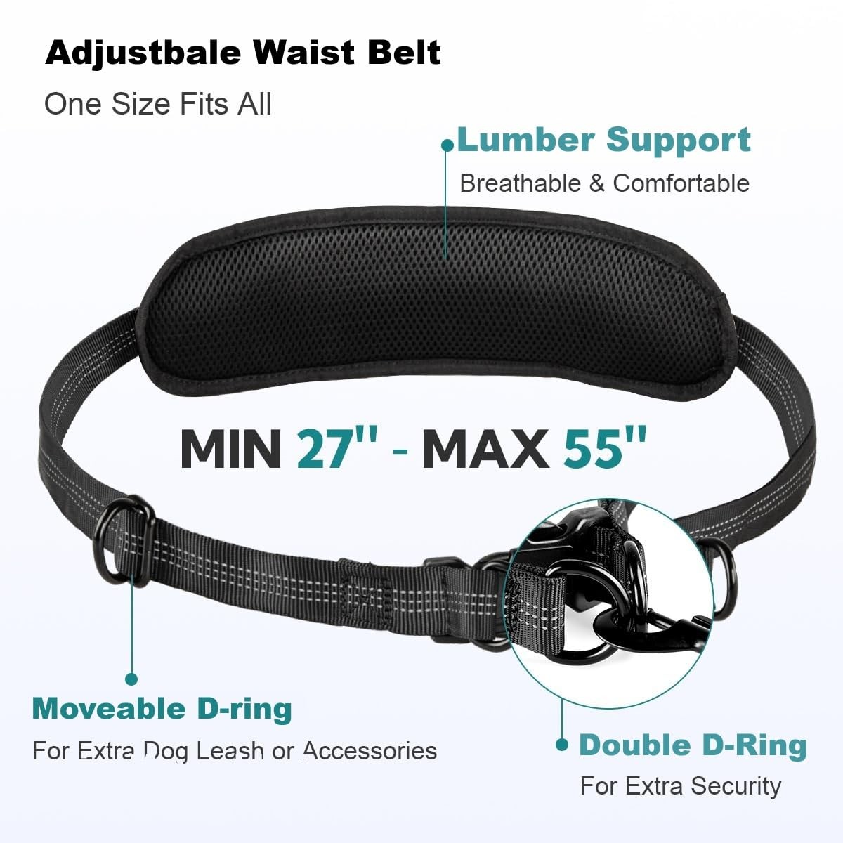 Black/Silver Gray Hands Free Dog Leash, Pouch, Dual Attachment, 2 Dogs, Waist