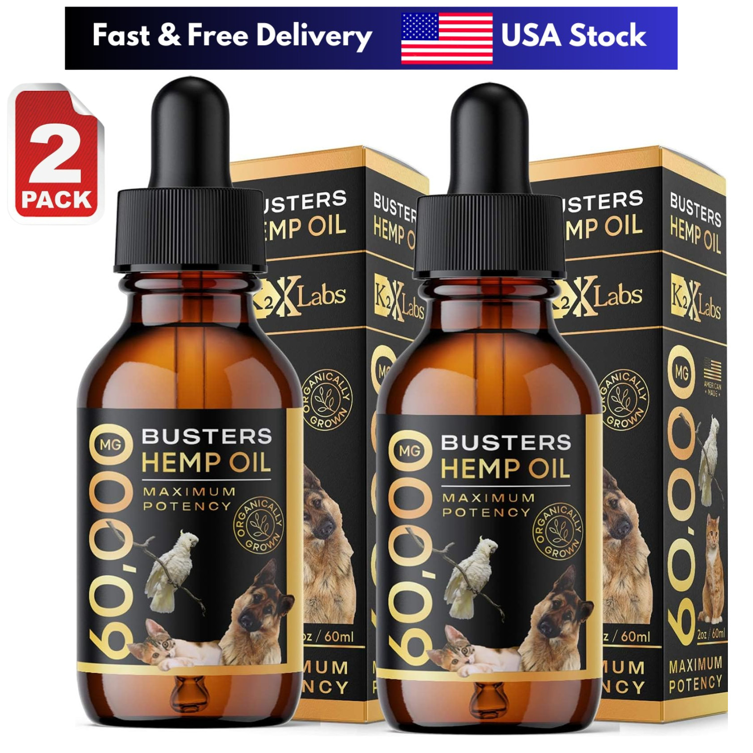 Buster’s Organic Hemp Oil Large 60 Milliliters 2-Pack for Dogs & Cats