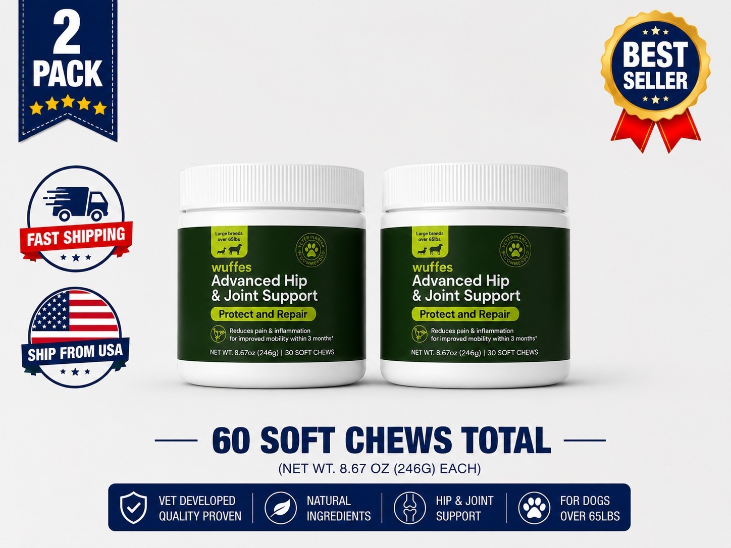 2 Pack Wuffes Advanced Dog Hip & Joint Support Glucosamine 30 Soft Chews
