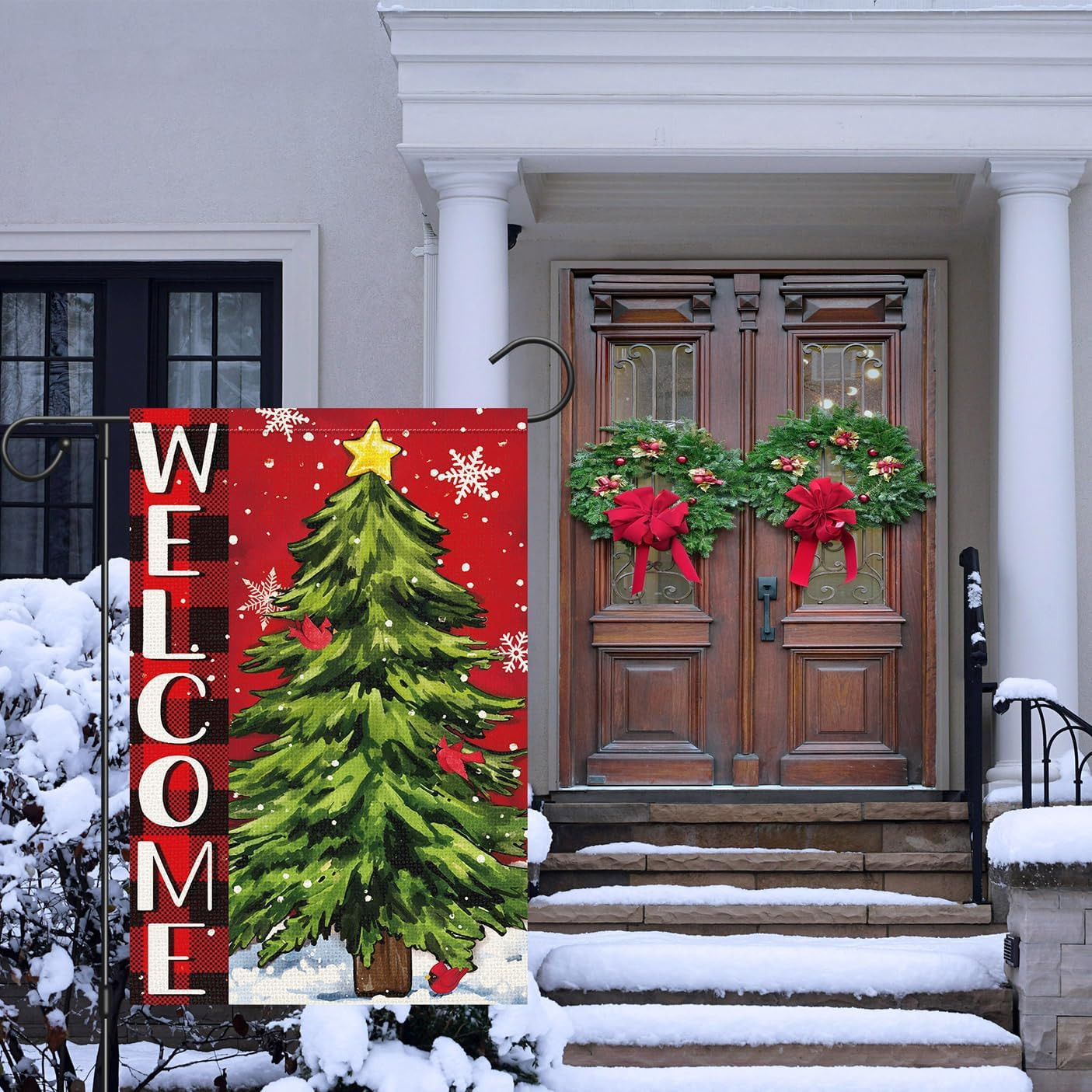 Christmas Wlcome Garden Flag Double Sided Xmas Tree 12X18 Inch Small Burlap Win