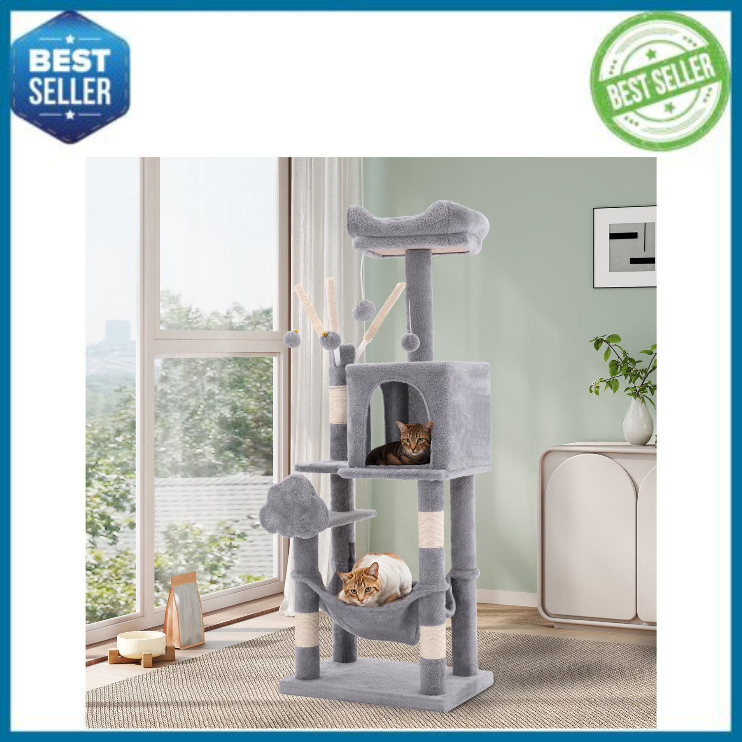 Uforic 44″ Cat Tree Tower, with Scratch Posts, Condo, Hammock, Toys, Light Gray