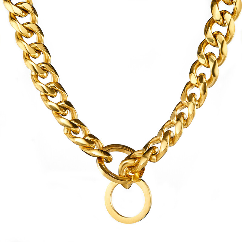 10/12/15/17/19mm Gold Curb Cuban Link Dog Chain Collar Stainless Steel 12″-32″