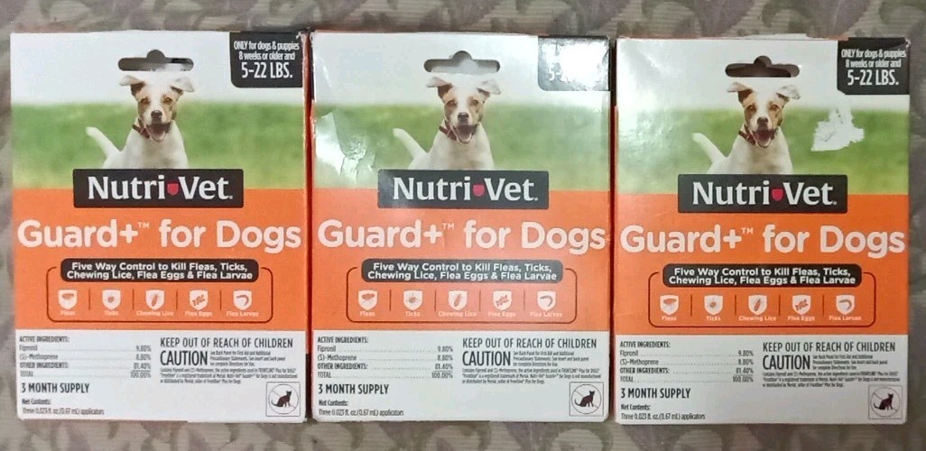 3 NUTRI VET GUARD+ PLUS FOR DOGS 5-22LBS KILLS FLEAS TICKS 3 X3 9 MONTHS SUPPLY!