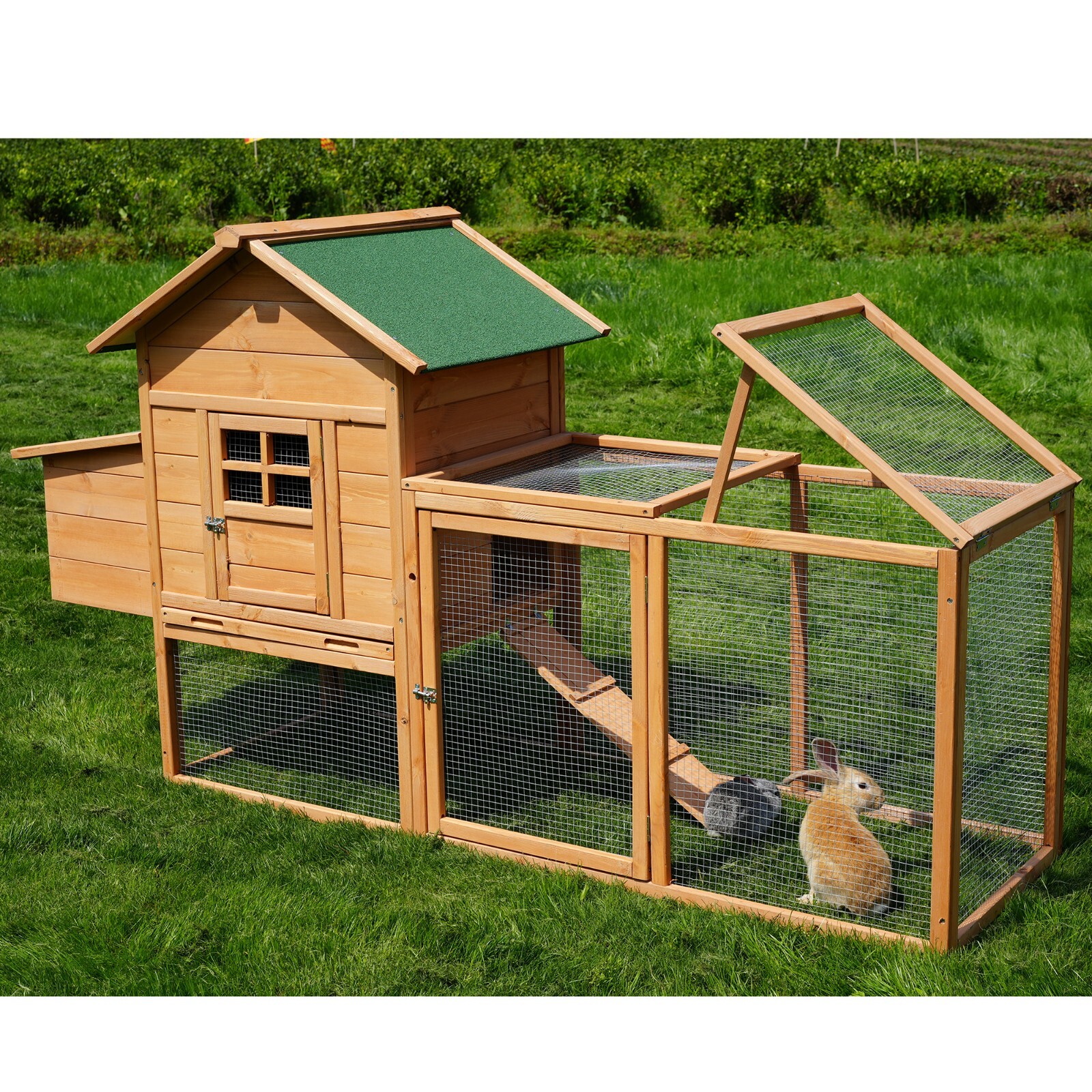 80“ Wooden Chicken Coop Pet Hutch House W/ Run Ramp Nest Box Cage Outdoor Large