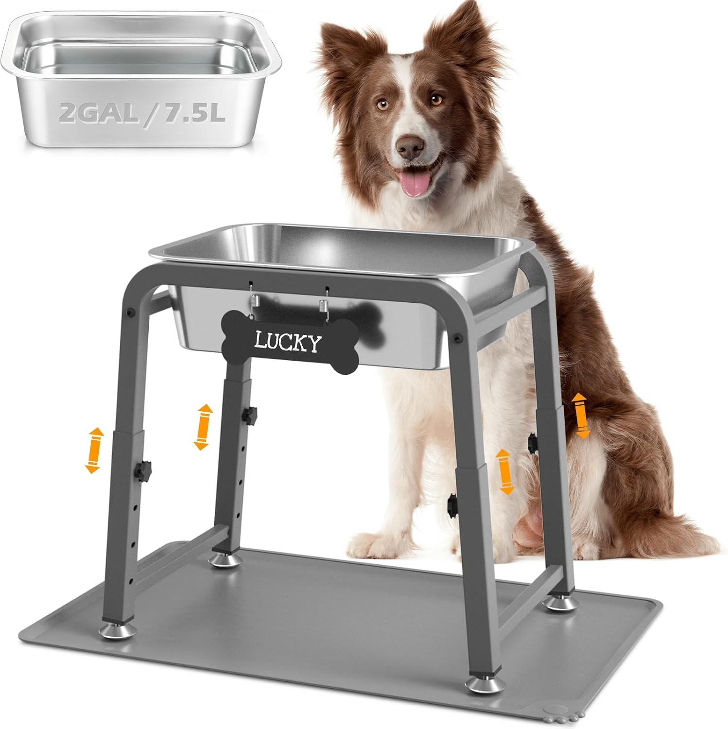 2 Gallon Elevated Large Dog Water Bowl W/ Mat 4 Height Adjustable 10.4-15.2″