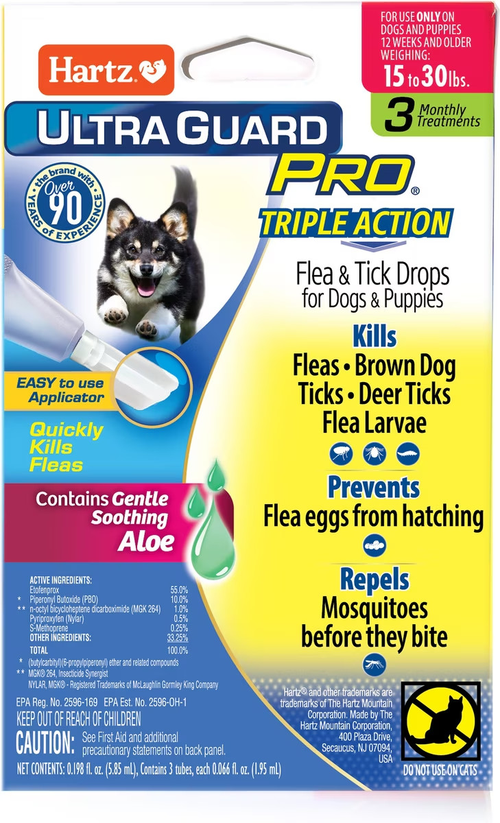 Hartz Ultra Guard Pro Triple Action w/ Aloe Flea & Tick Drops Dogs 15-30 Lb 3mts