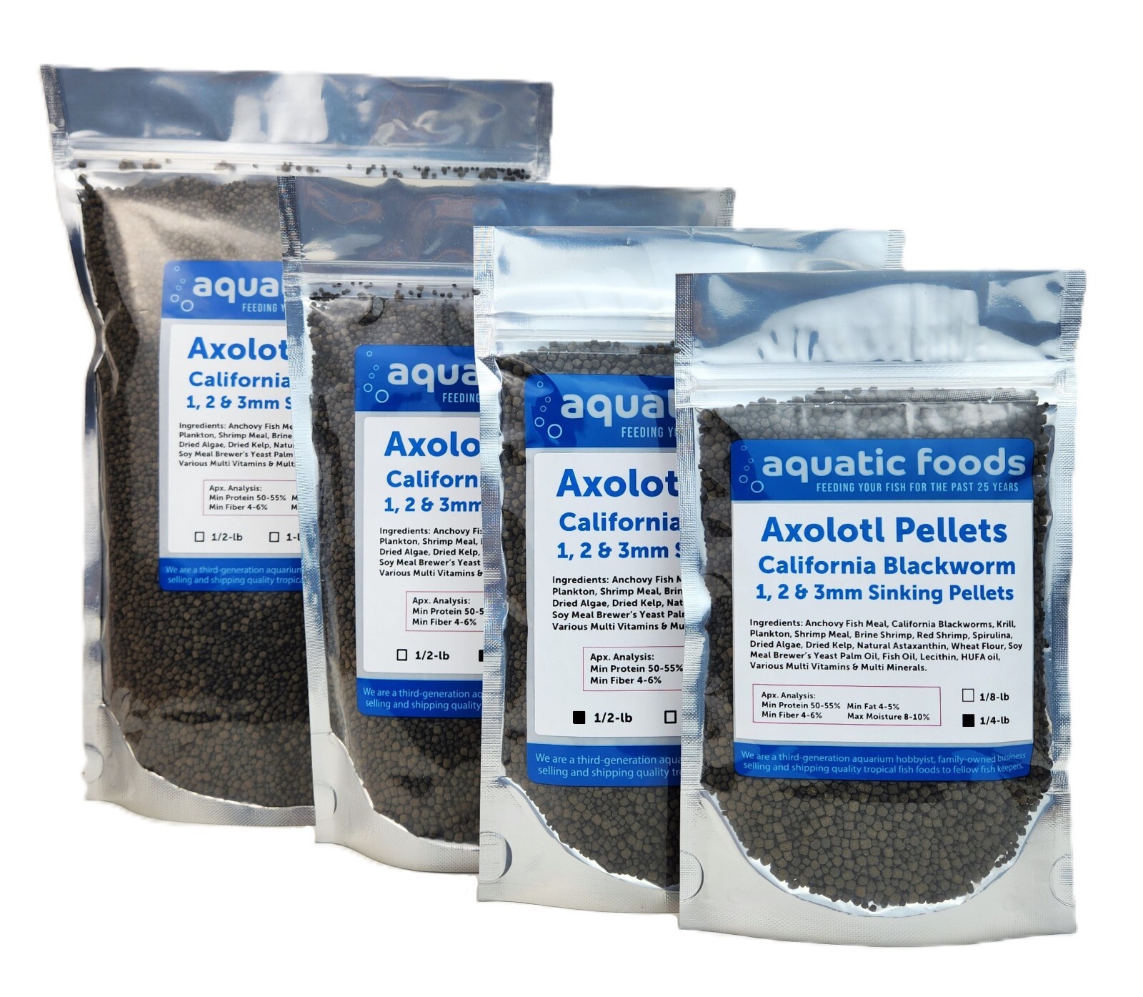 Axolotl Blackworm Pellets, California Blackworm 1, 2 & 3mm Sinking Pellet Mix