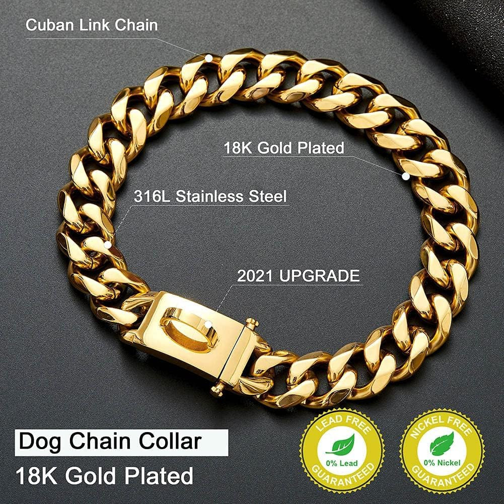 Heavy Duty 18K Gold Dog Chain Collar with Secure Buckle for Large Dogs
