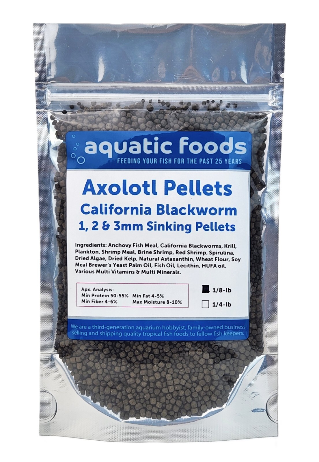Axolotl Blackworm Pellets, California Blackworm 1, 2 & 3mm Sinking Pellet Mix